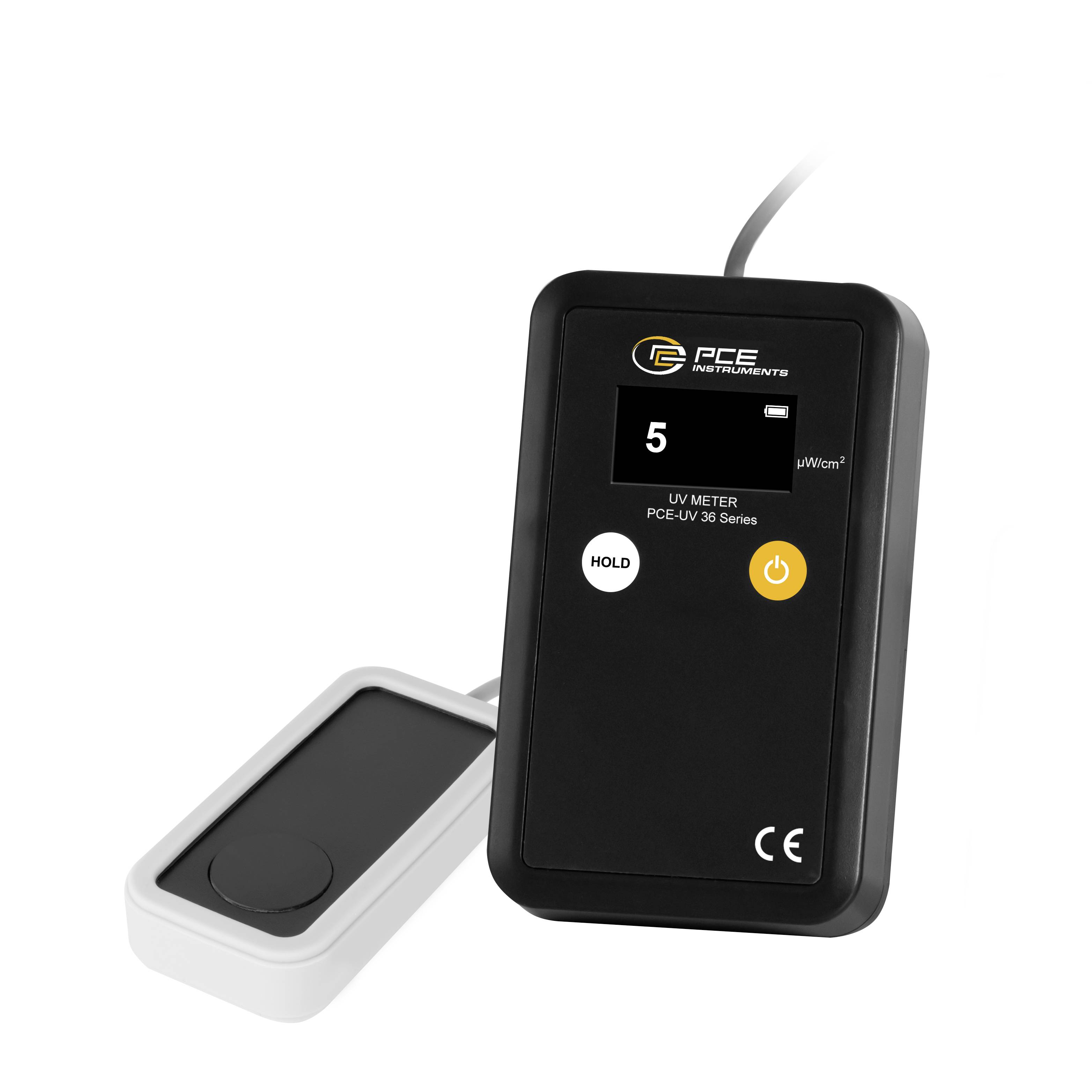 Schwarzes tragbares UV-Messgerät mit einer Anzeige von 5 µW/cm², mit einer separaten Sensorsonde daneben.
