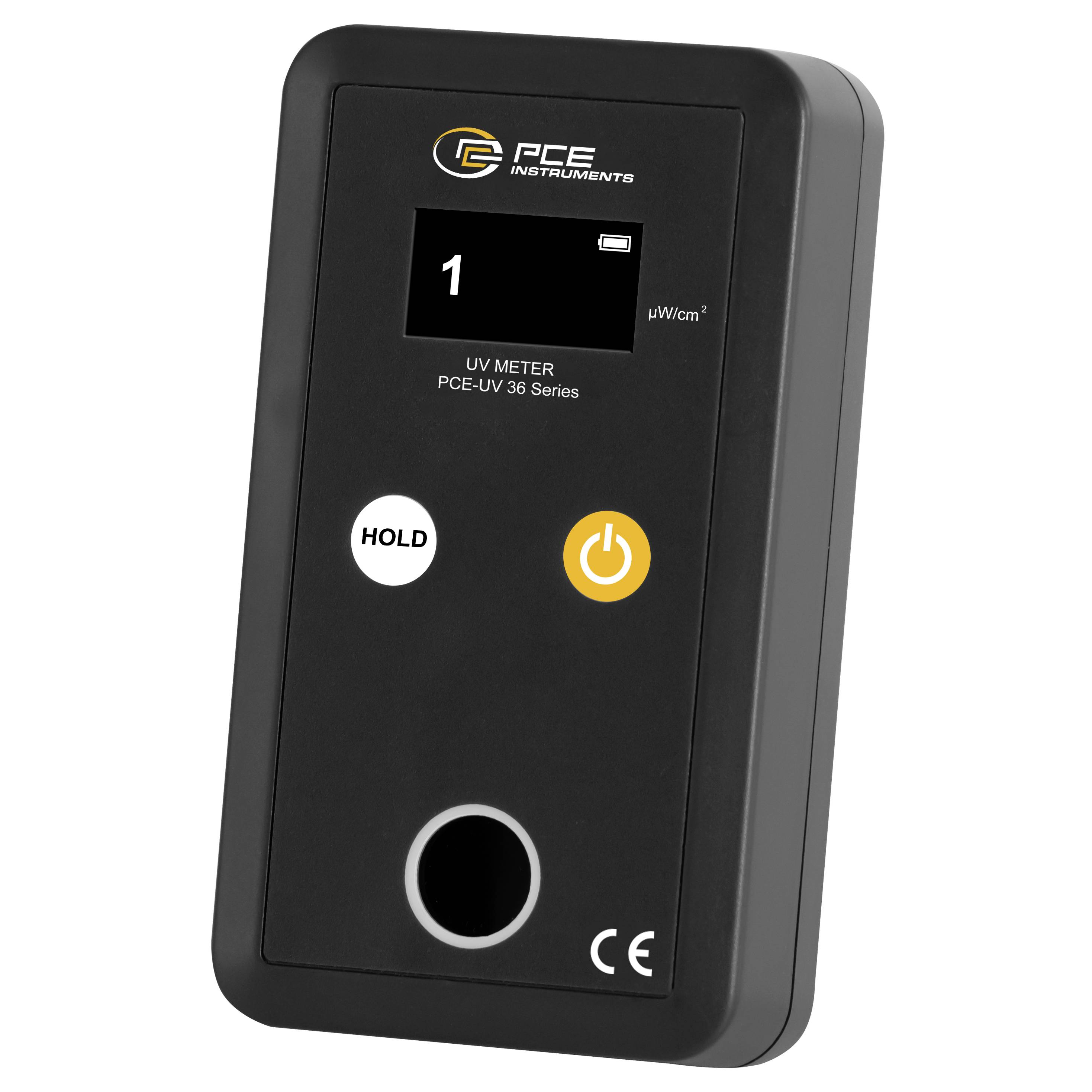 Tragbares PCE-UV-Messgerät mit einer Anzeige von 1 μW/cm², mit Hold- und Power-Taste auf der Vorderseite.