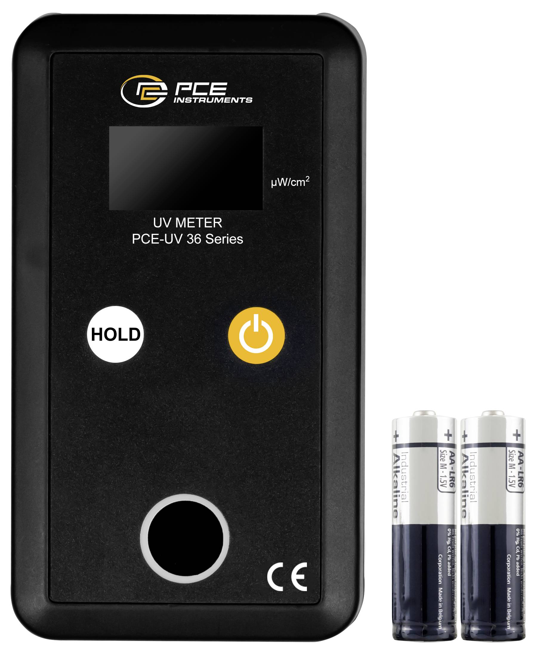 Schwarzes PCE UV-Messgerät, Modell PCE-UV 36 Serie, gezeigt mit zwei AA-Batterien.