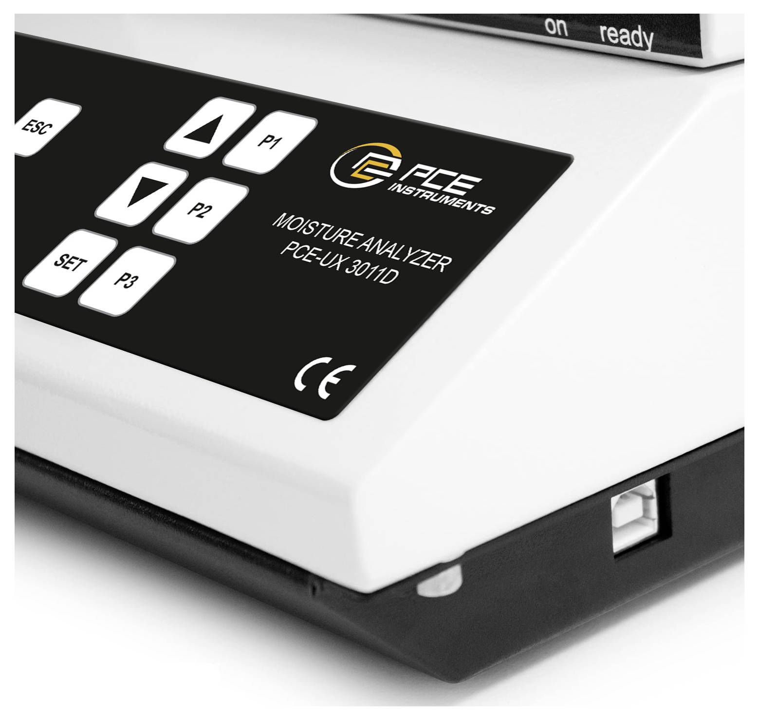 Nahaufnahme eines Feuchtemessgeräts von PCE Instruments, das die Bedienfeld mit Pfeil, P1-, P2-, P3-, ESC- und SET-Tasten zeigt.