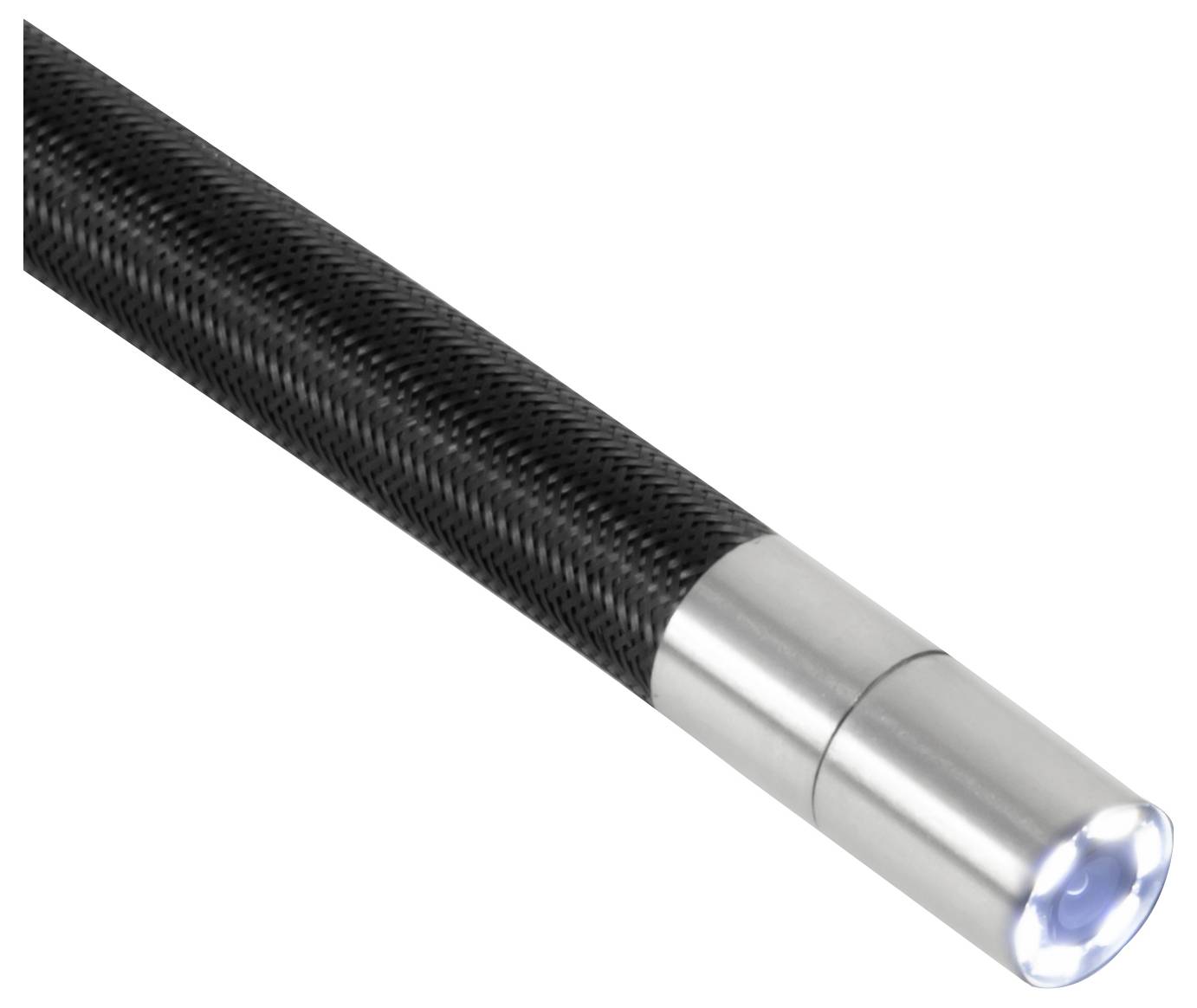 Nahaufnahme eines schwarzen strukturierten Stifts mit einer silbernen Metallspitze und leuchtend blauweißem Ende.