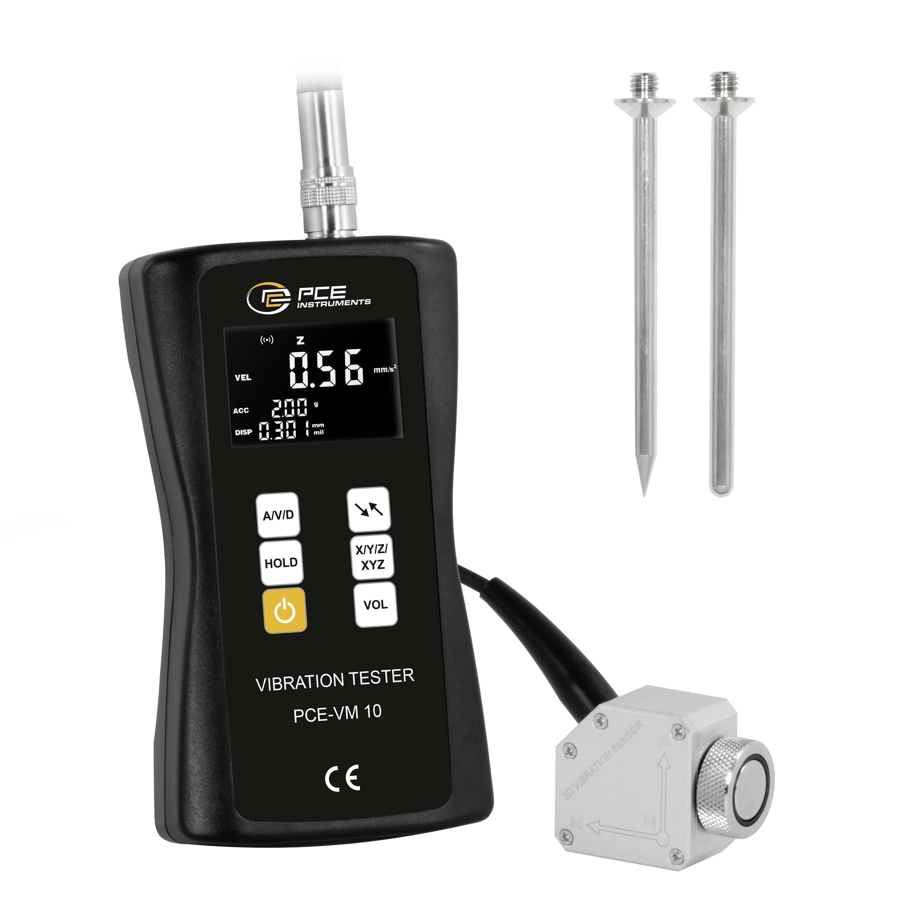Tragbarer PCE-Vibrationsprüfer mit Sonde und zwei Metallprüfspitzen, zeigt ein digitales Display mit der Anzeige 0,56 und Funktionstasten.