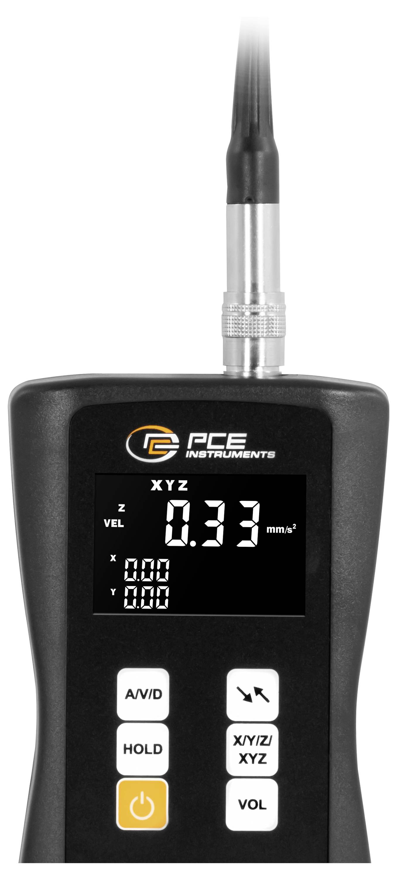 Tragbares PCE-Messinstrument mit Anzeige von 0,37 mm/s Geschwindigkeit und X/Y/Z-Achsen-Messwerten, mit A/V/D-, HOLD-, Stromversorgung-, XY/Z/XYZ- und VOL-Schaltflächen.