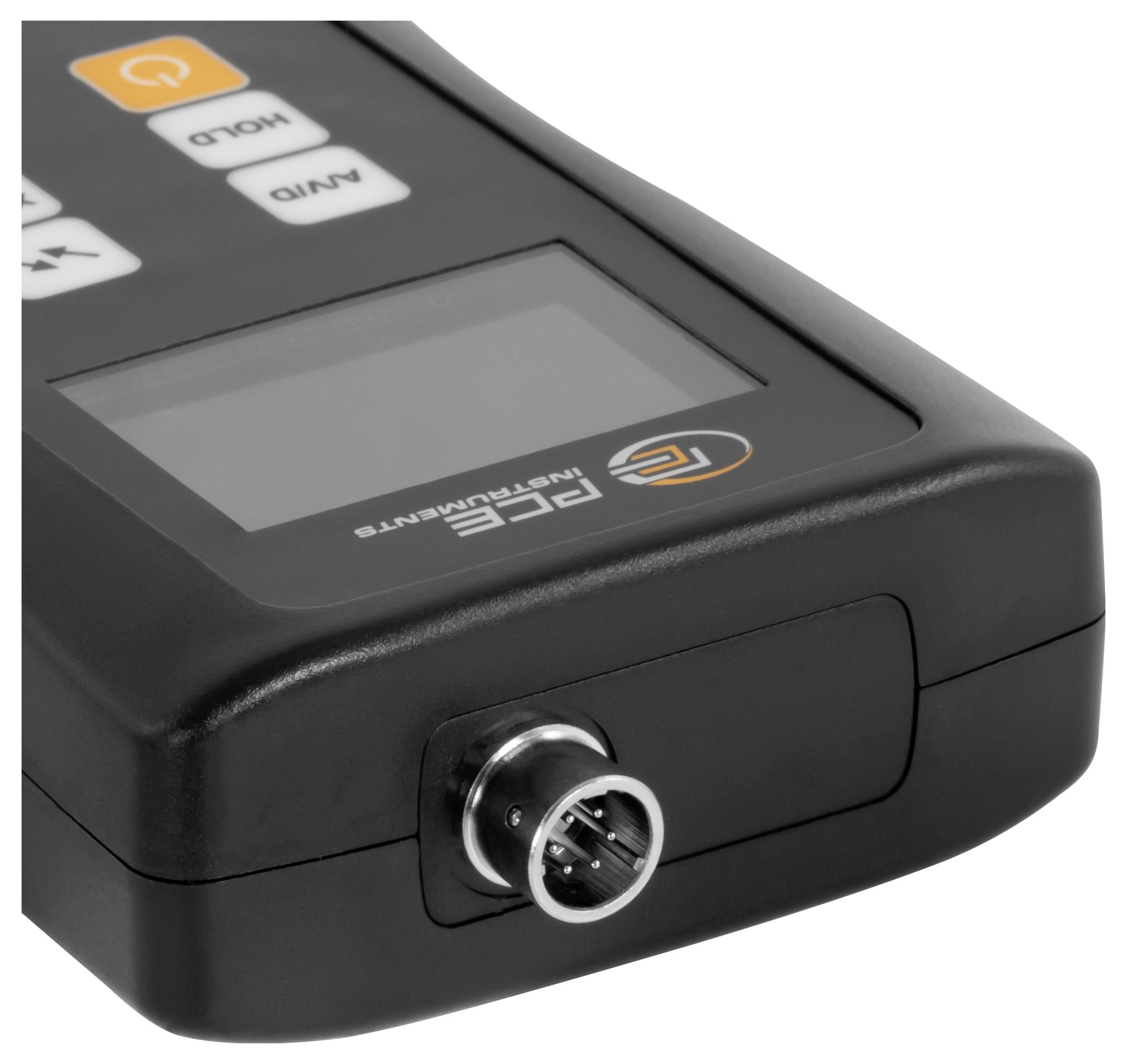 Schwarzes elektronisches Gerät mit LCD-Display, Ein-/Ausschalter und Modusschaltflächen sowie einem vorderen runden Anschlussport.