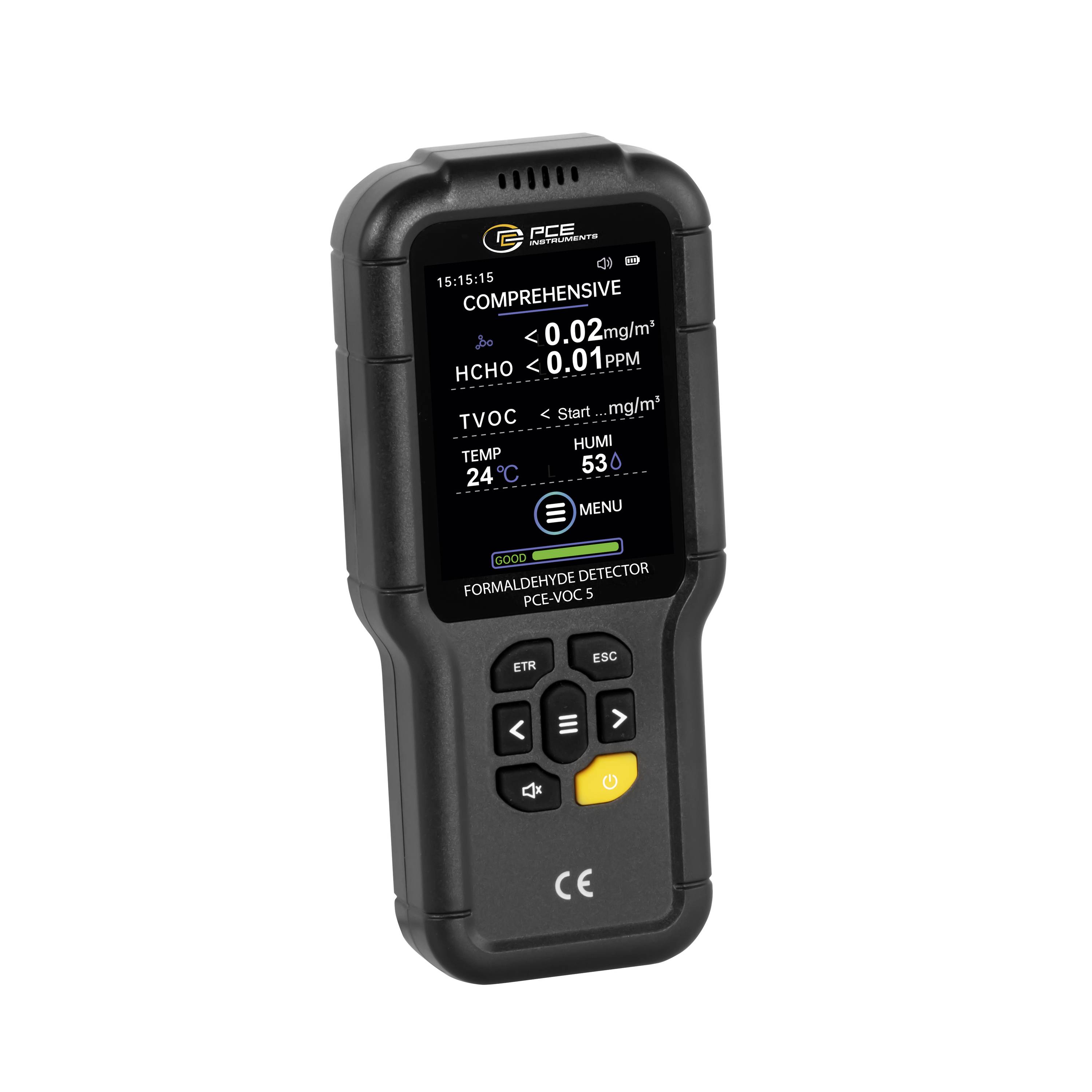 Tragbarer Formaldehyddetektor mit Messwerten für CH2O, HCHO, TVOC, Temperatur und Luftfeuchtigkeit auf seinem Display.