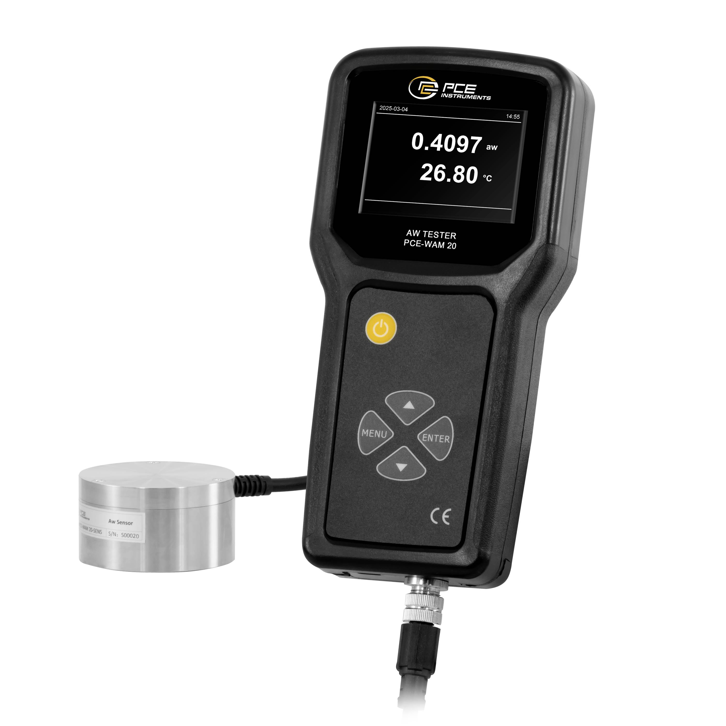 Tragbares AWC-Messgerät, das mit einem zylindrischen Sensor verbunden ist und auf seinem Bildschirm die Messwerte 0,4097 aw und 26,80°C anzeigt.