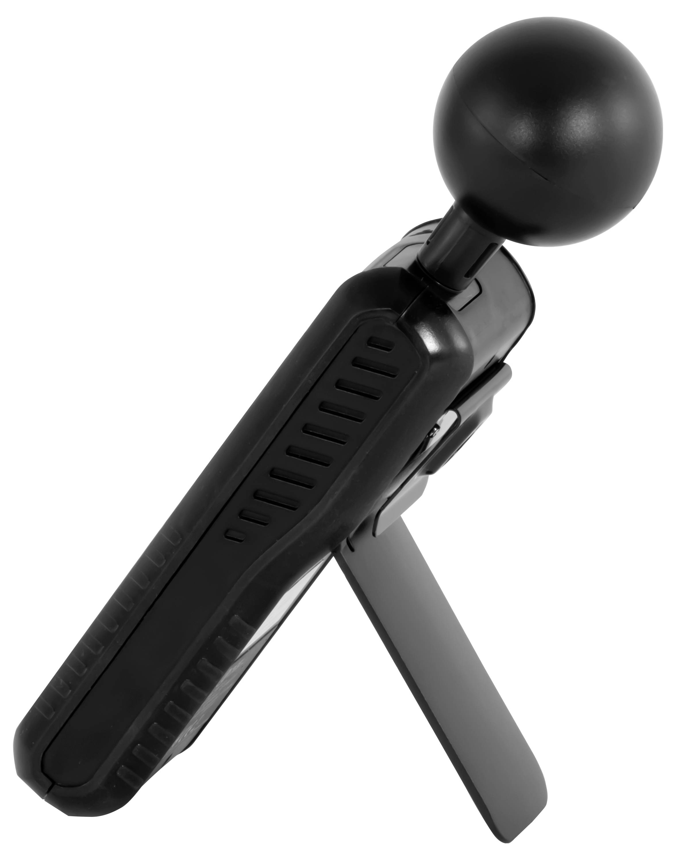 Schwarzes tragbares Messinstrument mit großem rundem Sensorkopf und Ständer zum Zusammenklappen, in der Seitenansicht auf weißem Hintergrund dargestellt.