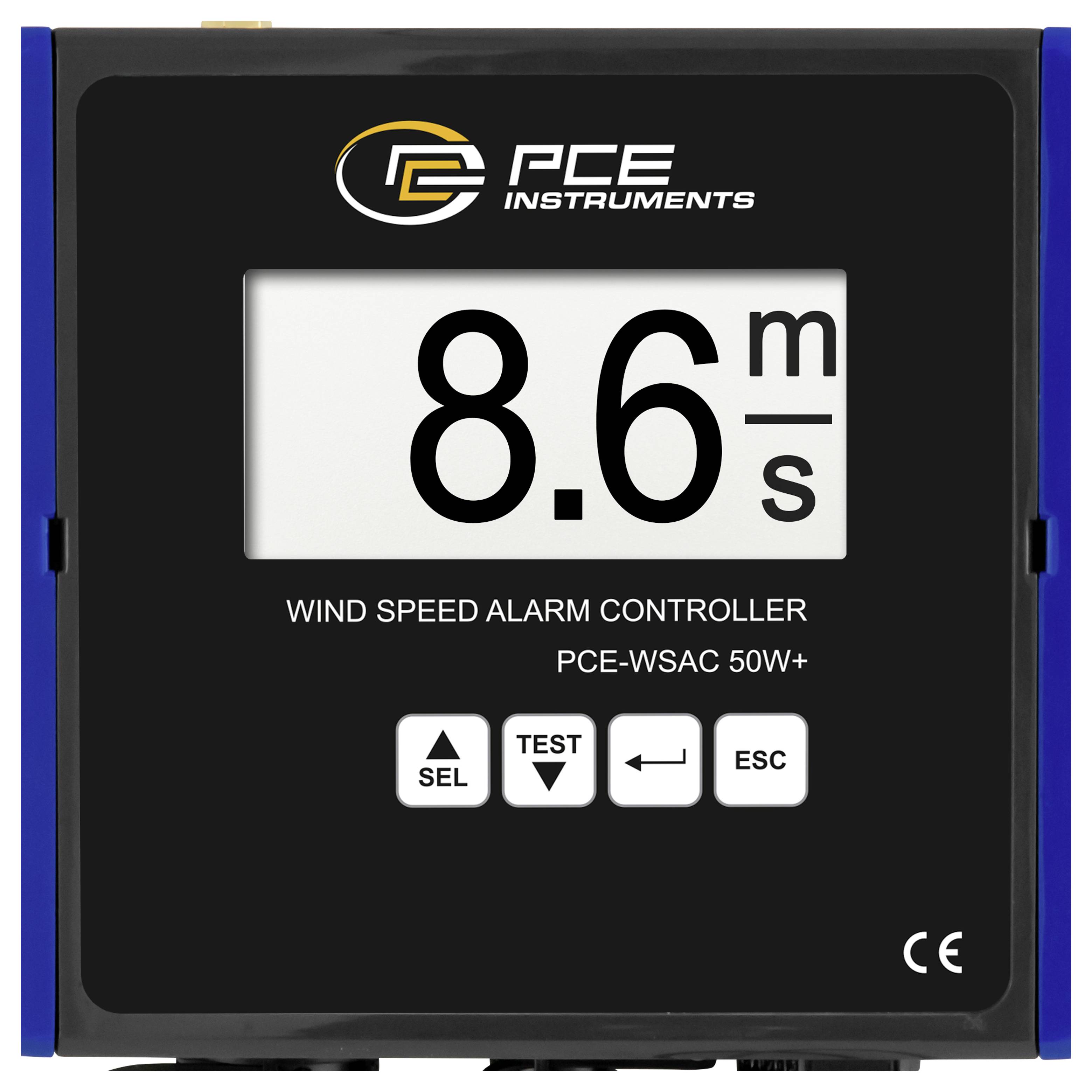 PCE Instruments Windgeschwindigkeits-Alarmregler-Display zeigt „8,6 m/s