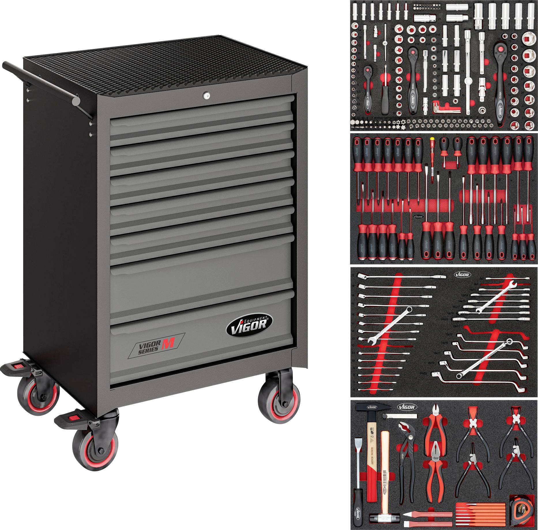Eine graue Werkzeugkiste mit roten Rädern und sechs Schubladen wird neben sorgsam angeordneten Werkzeugen wie Schraubschlüsseln, Schraubenziehern und Zangen gezeigt.