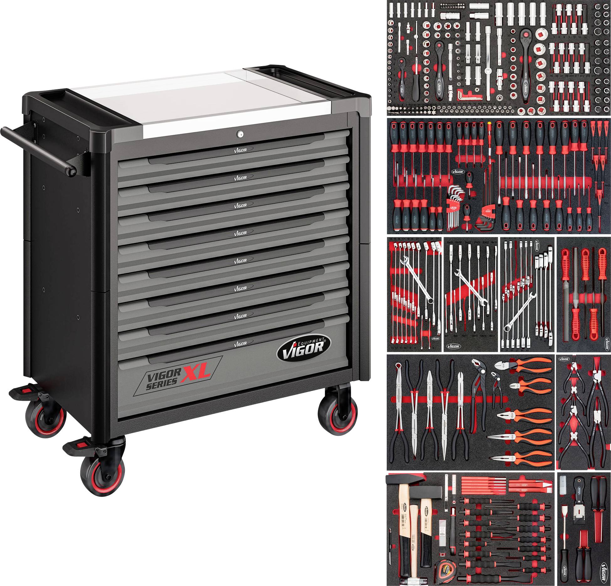 Eine schwarze und rote Werkzeugkiste mit sechs Schubladen wird zusammen mit Bildern von sorgsam arrangierten Schraubschlüsseln, Schraubenziehern und Zangen gezeigt, die in Schaumstoff-Ausschnitten aufbewahrt werden.