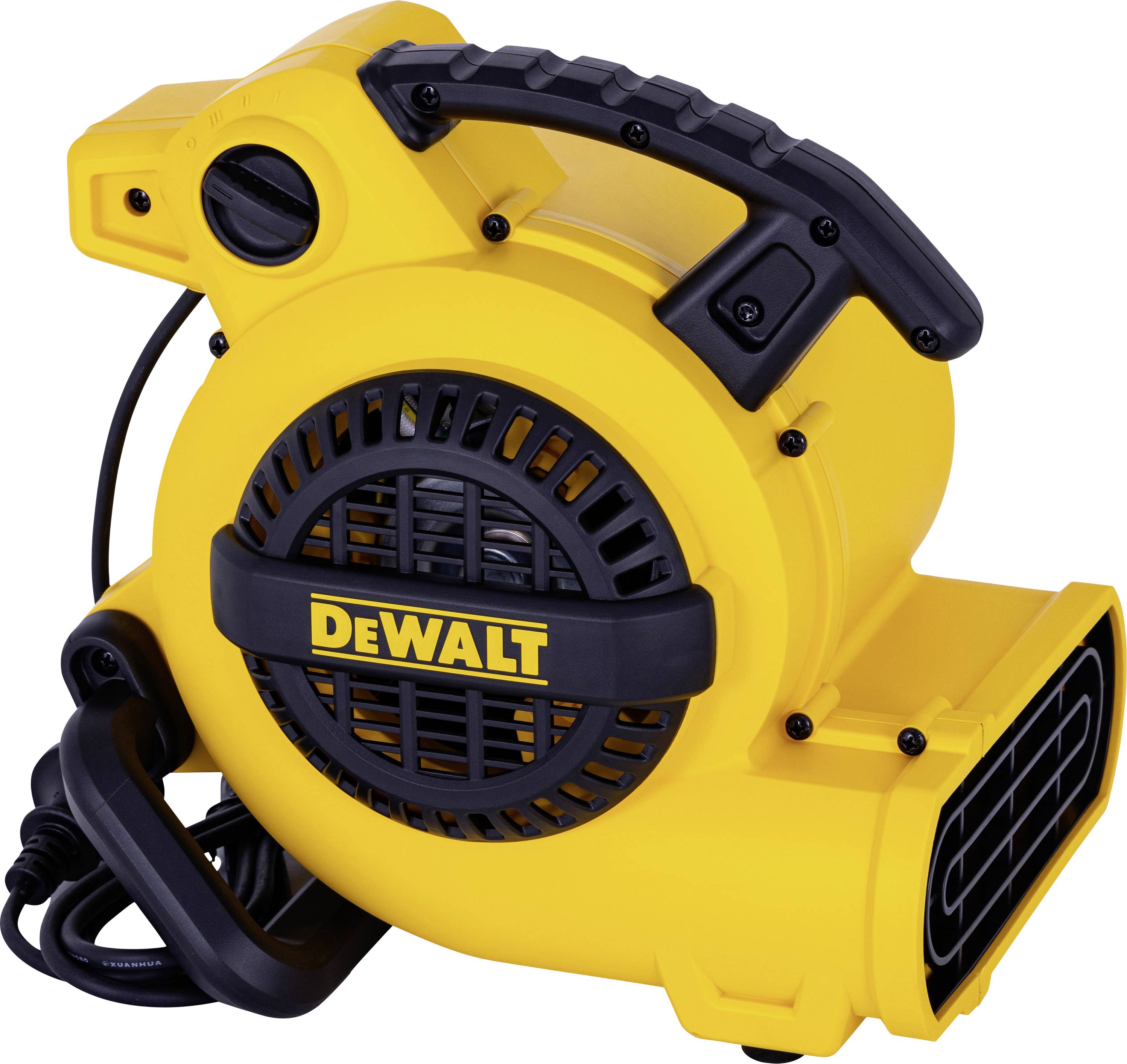 Gelber tragbarer elektrischer Luftbeweger oder Gebläse von DeWalt mit schwarzem Griff, vorderer Ansaugöffnung und Stromkabel auf weißem Hintergrund.