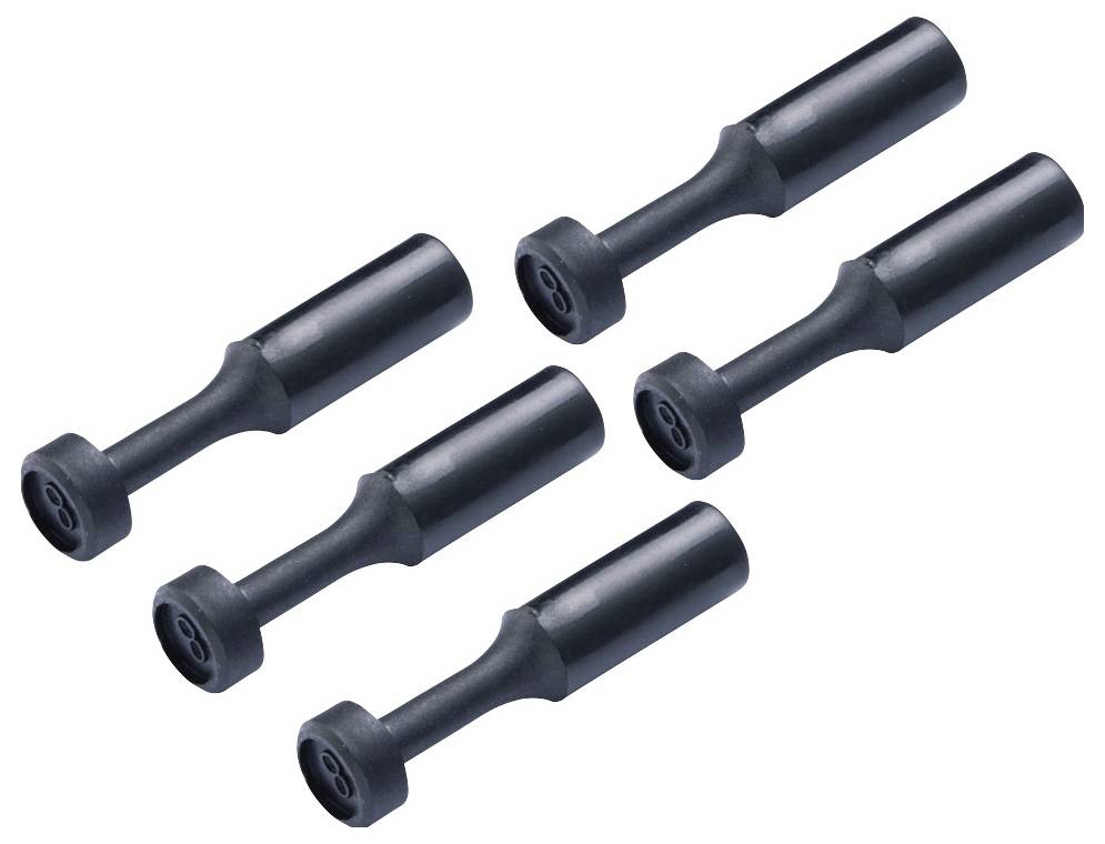 Fünf schwarze Kunststofffastener oder Nieten auf weißem Hintergrund, diagonal angeordnet.