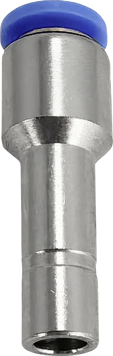 Nahaufnahme eines metallischen zylindrischen Steckers oder einer Armatur mit einer blauen Kappe, gezeigt vor einem einfachen weißen Hintergrund.