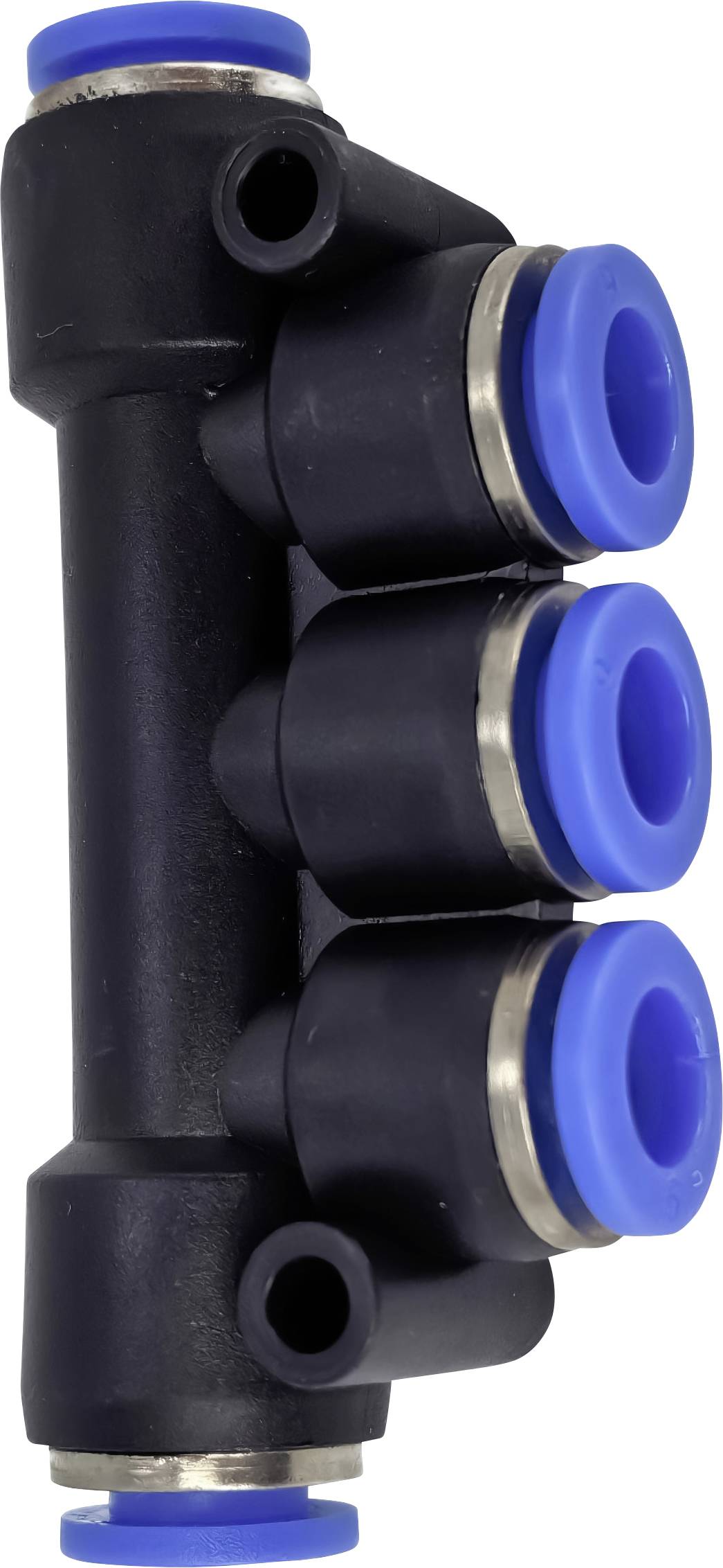 Schwarze Kunststoff-Pneumatik-Verteiler mit drei blauen Schnellkupplungsanschlüssen und verschlossenen Ober- und Unterseiten, gezeigt auf weißem Hintergrund.