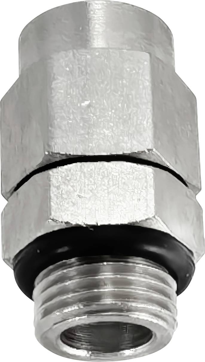Nahaufnahme einer silbernen Metallgewinderohrverbindung oder eines Adapters mit einem schwarzen Dichtungsring.