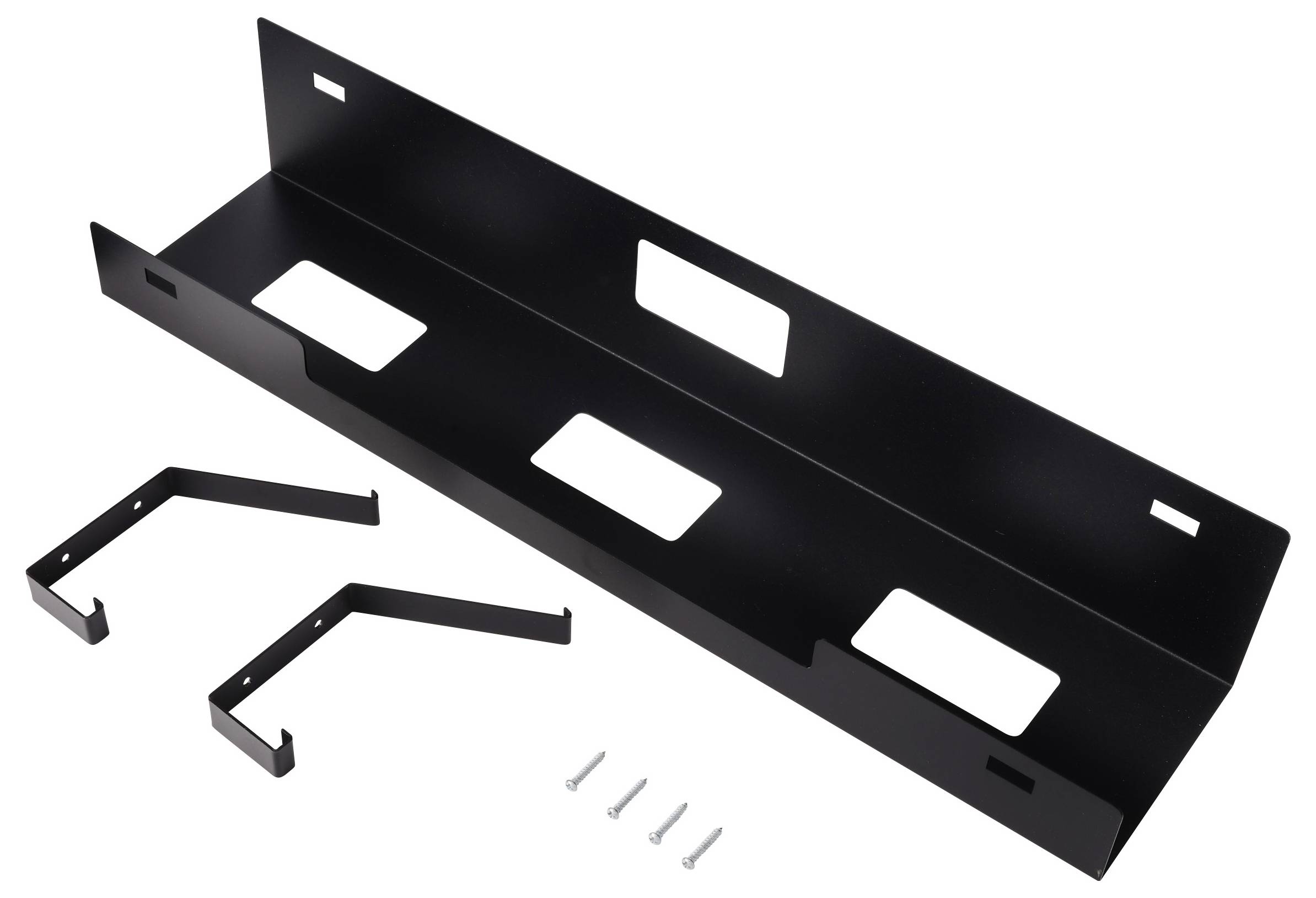 Schwarzes Metall-Montageklammerkit mit einem langen rechteckigen Tablett, zwei Seitenklammen und vier Schrauben auf weißem Hintergrund.