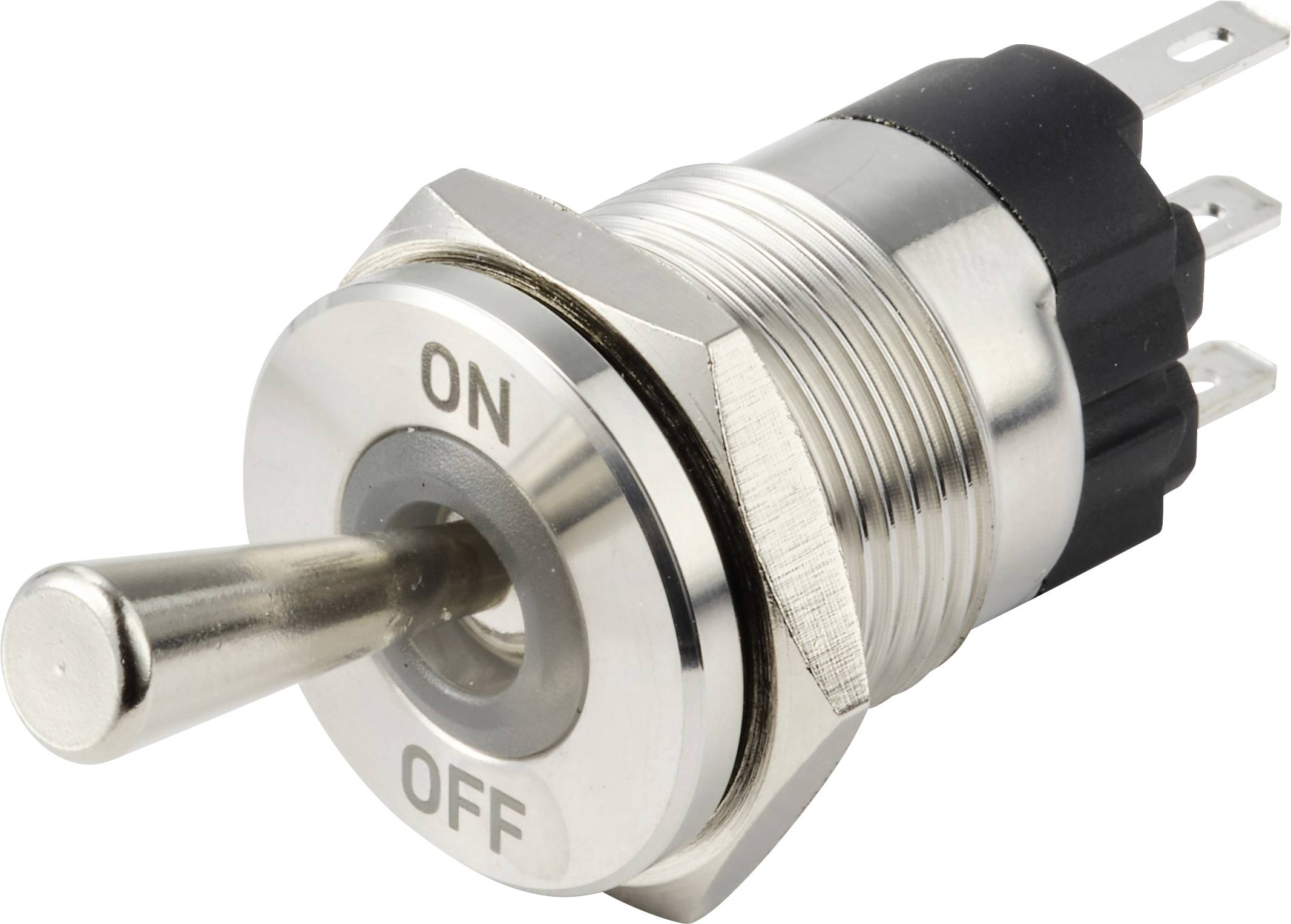 Ein Metallkippschalter mit den Beschriftungen „ON