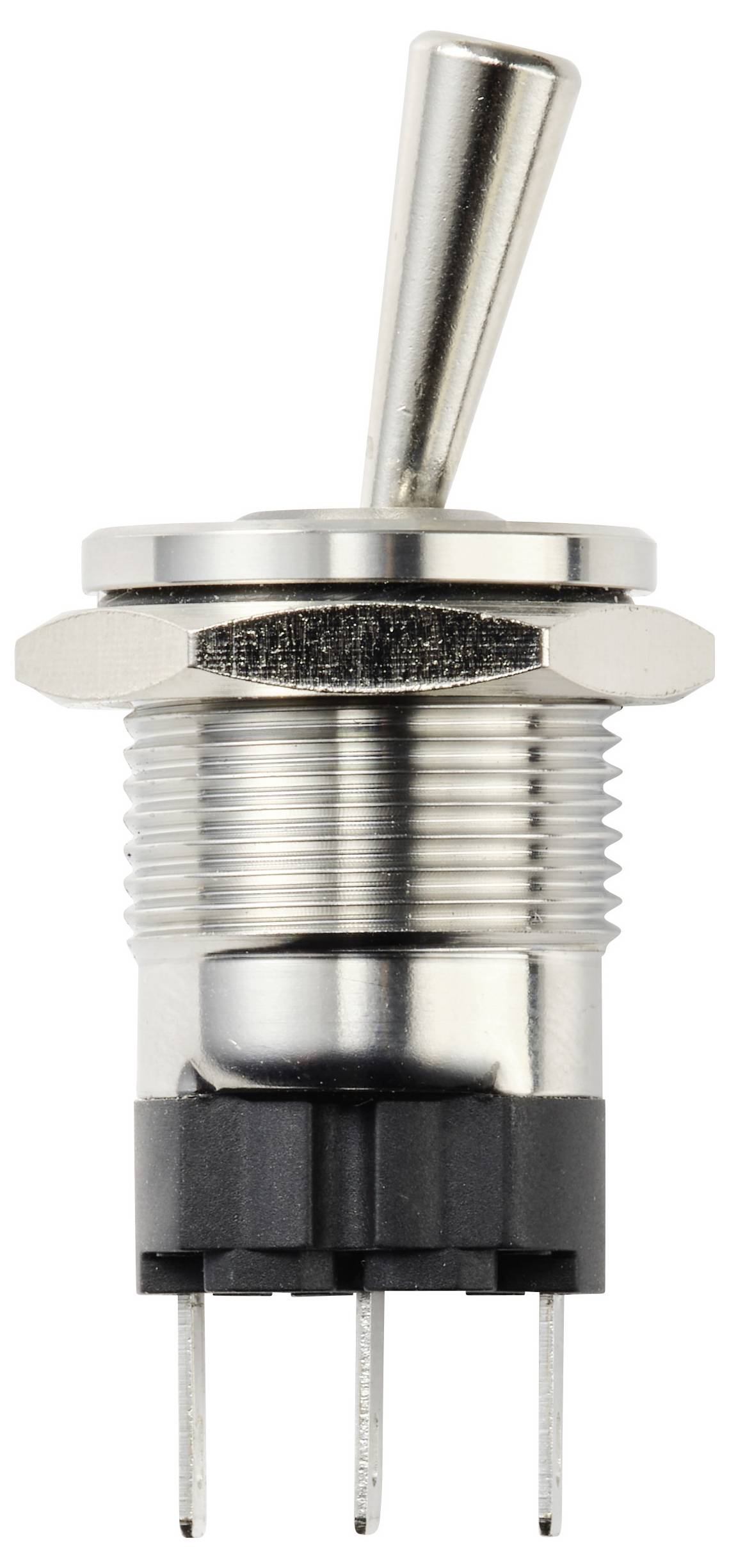 Ein metallischer Kippschalter mit einem vertikalen Hebel, mit einer Gewindebefestigungsbasis und drei Metallstiften für elektrische Verbindungen.