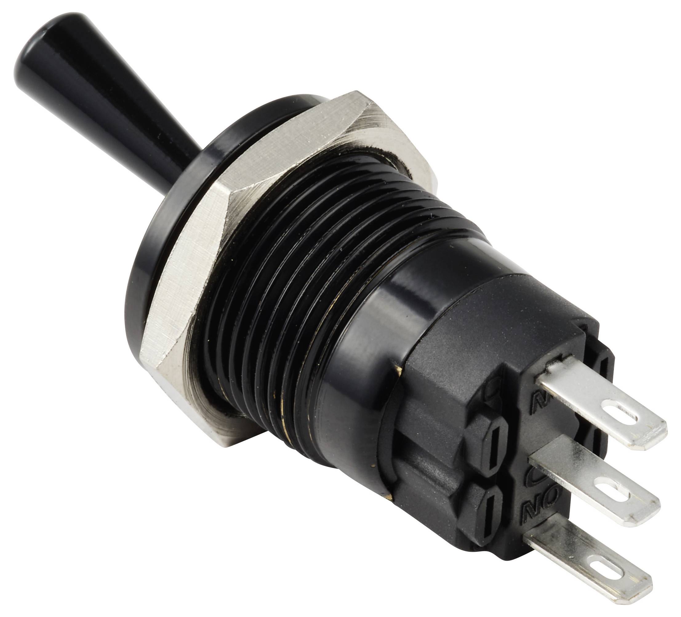 Kippschalter mit Metallbasis und drei Anschlussklemmen, typischerweise zur Steuerung elektronischer Geräte verwendet.