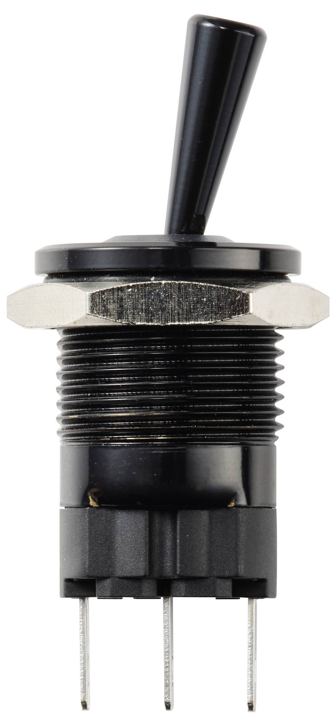 Ein schwarzer Kippschalter mit drei Metallstiften zeigt nach oben und wird zum Ein- und Ausschalten von elektronischen Geräten verwendet.