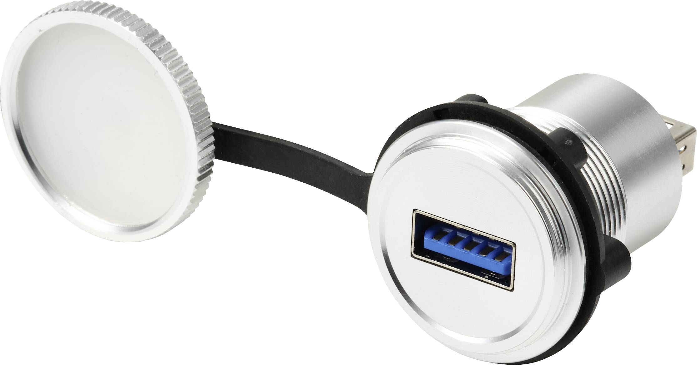 Ein runder Metall-USB-Anschluss mit einer blauen Einsatzfläche und einer abnehmbaren Kappe, die durch ein schwarzes Band verbunden ist.