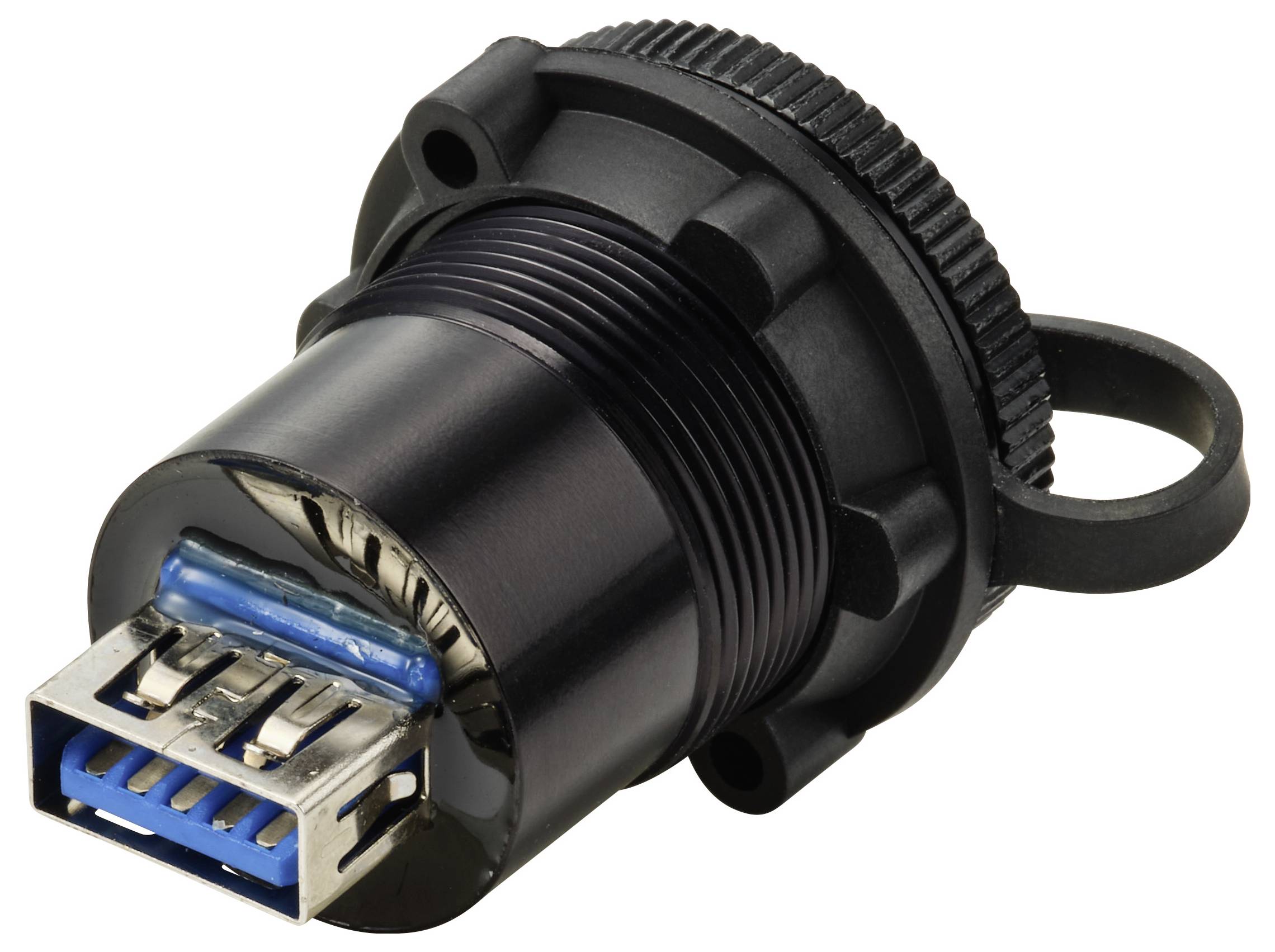 Eine Nahaufnahme eines schwarzen USB-3.0-Steckers mit einer Schutzkappe.