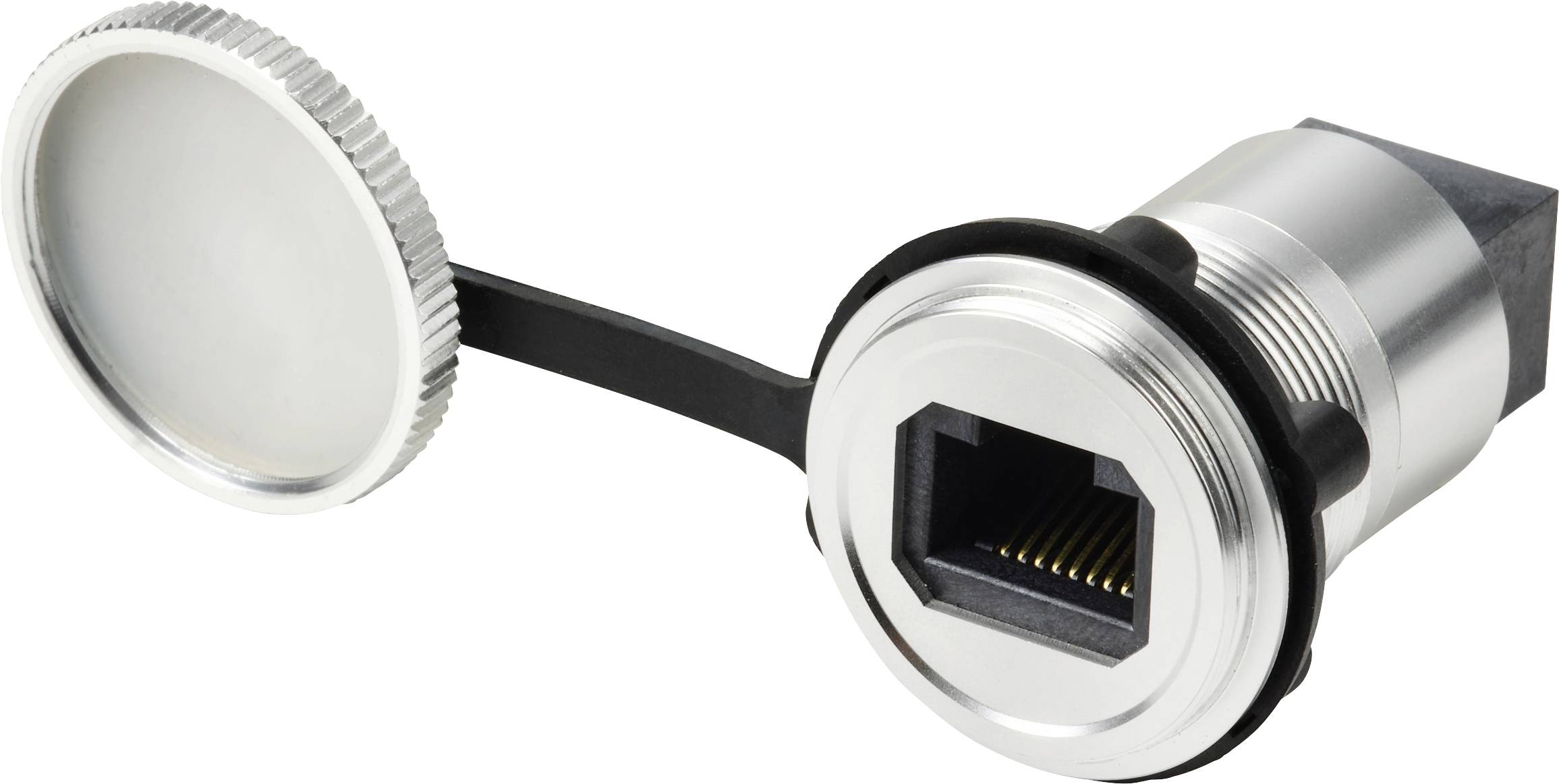 Ein metallischer RJ45-Netzwerkport mit einer Schutzkappe, entwickelt für sichere und zuverlässige Ethernetverbindungen in verschiedenen Geräten.
