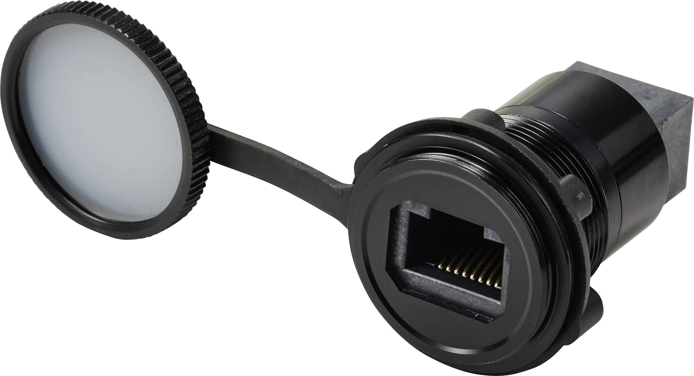 Ein schwarzer RJ45-Durchgangsstecker mit einer Schutzkappe, gezeigt in einer Seitenansicht. Die Kappe ist durch einen flexiblen Arm mit dem Stecker verbunden.