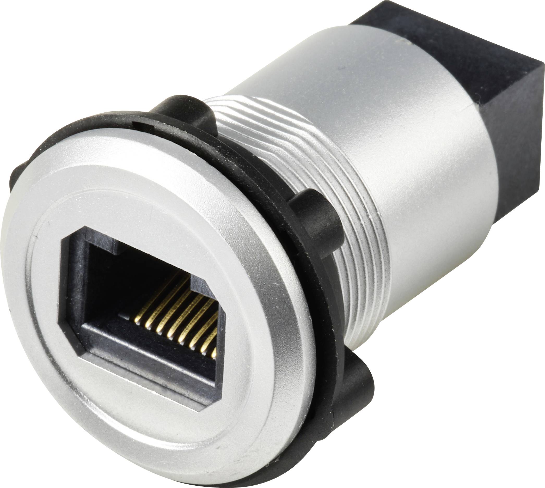Ein Silber- und Schwarz-Ethernet-Buchsenadapter mit sichtbaren Stiftanschlüssen, der für Netzwerkkabel verwendet wird und vor einem schlichten weißen Hintergrund gezeigt wird.