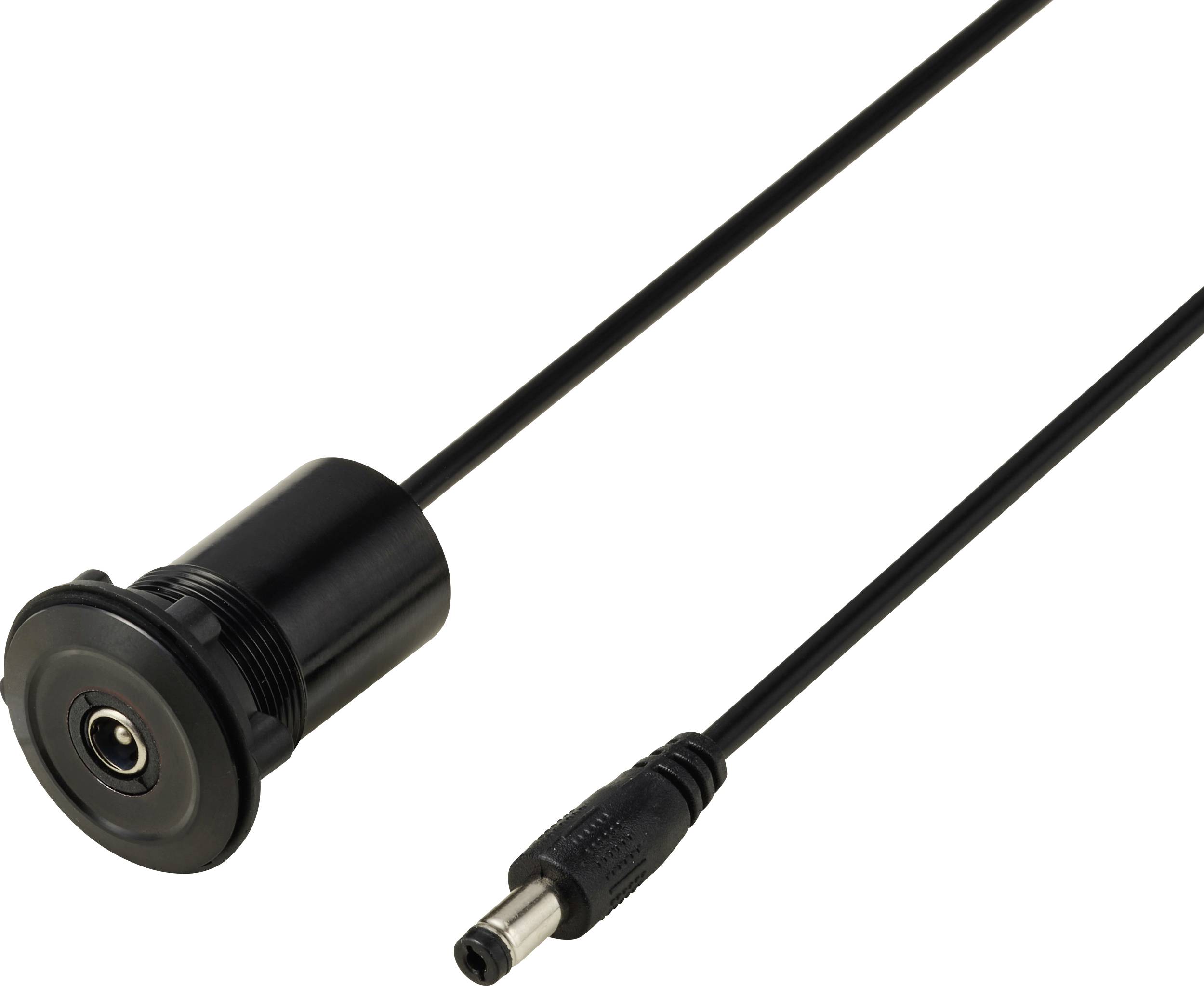 Ein schwarzes Stromkabel mit einem runden, gewindeletten Stecker auf einer Seite und einem Hohlstecker auf der anderen Seite, typischerweise für Stromverbindungen verwendet.