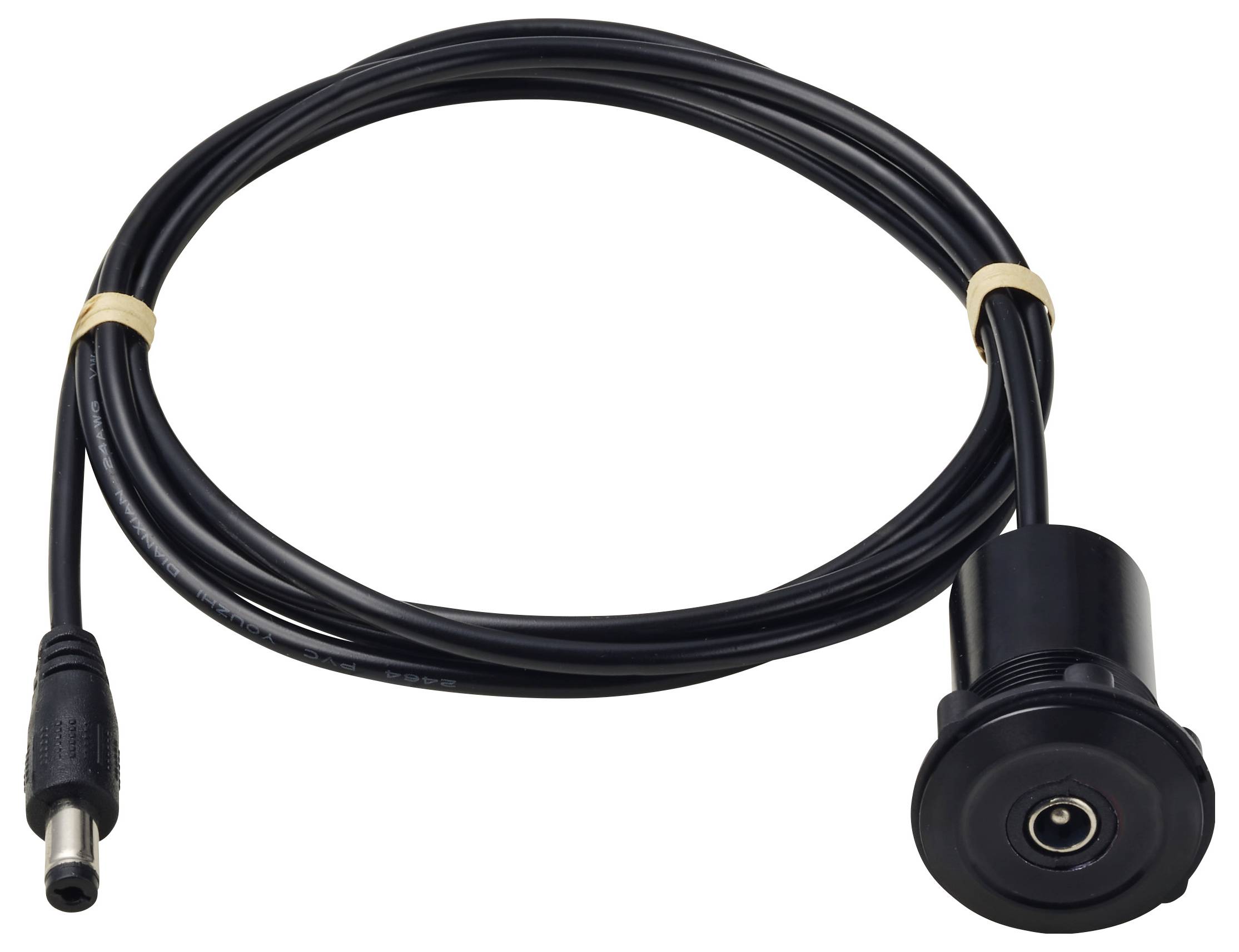 Ein schwarzes Kabel mit runden Steckverbindern an beiden Enden, aufgewickelt mit zwei beigen Bändern.