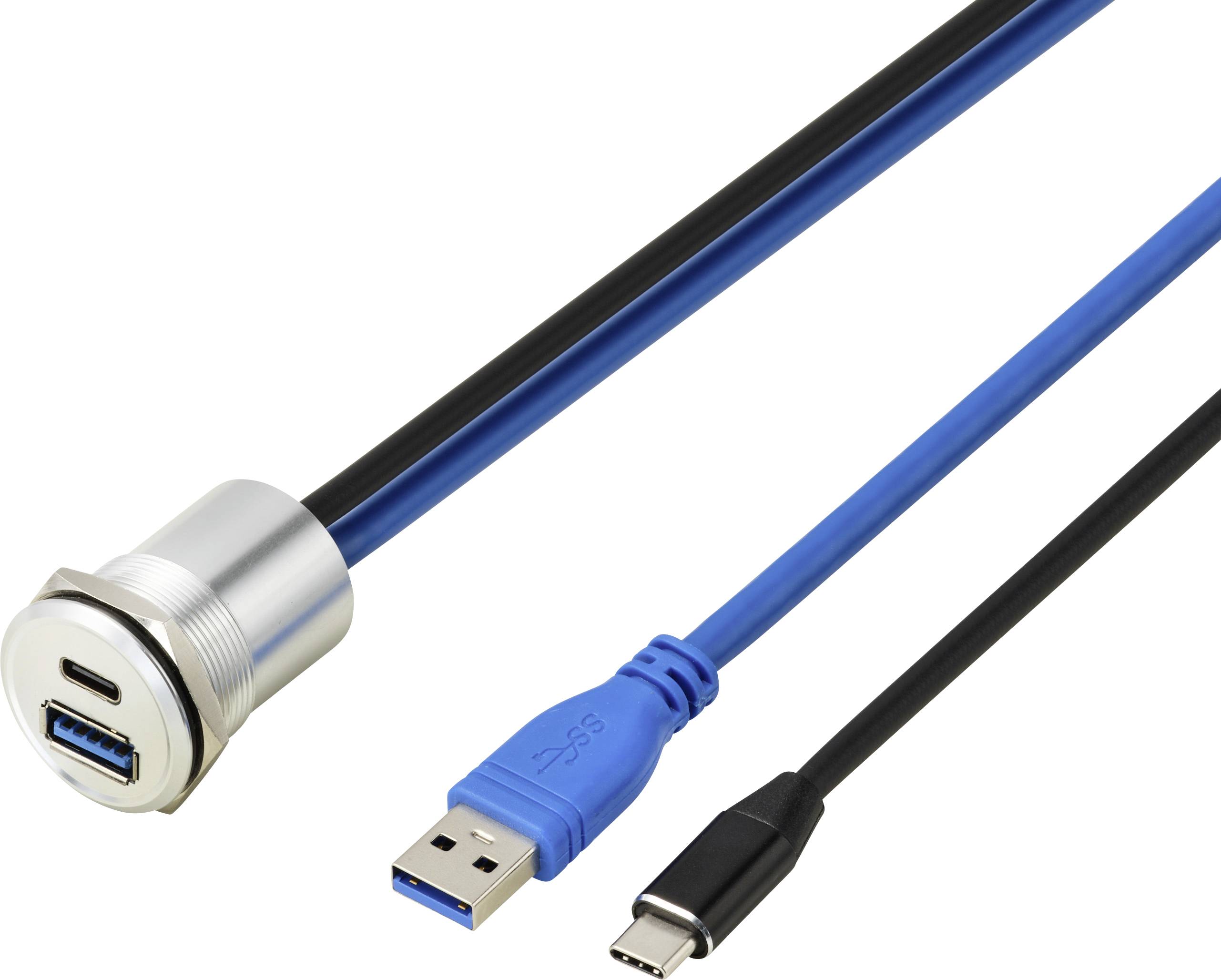 Ein USB-Typ-A zu USB-Typ-C Kabel mit einem blauen Stecker und einem schwarzen Kabel, zusammen mit einer runden Metall-Einbausteckdose für USB.