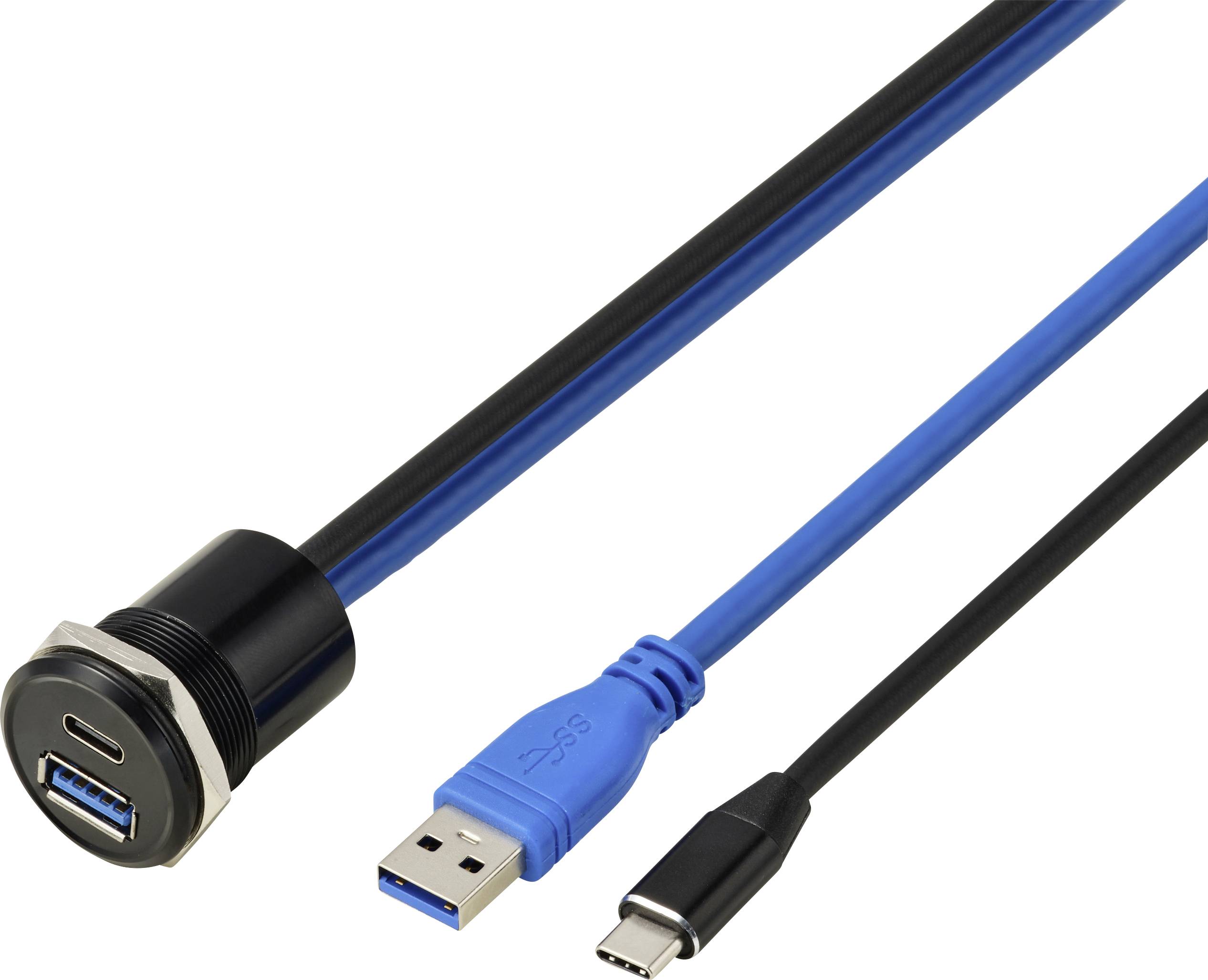 „USB 3.0-Verlängerung mit einer Einbaublende und zwei Kabeln: ein USB Typ-A- und ein USB Typ-C-Stecker auf weißem Hintergrund.