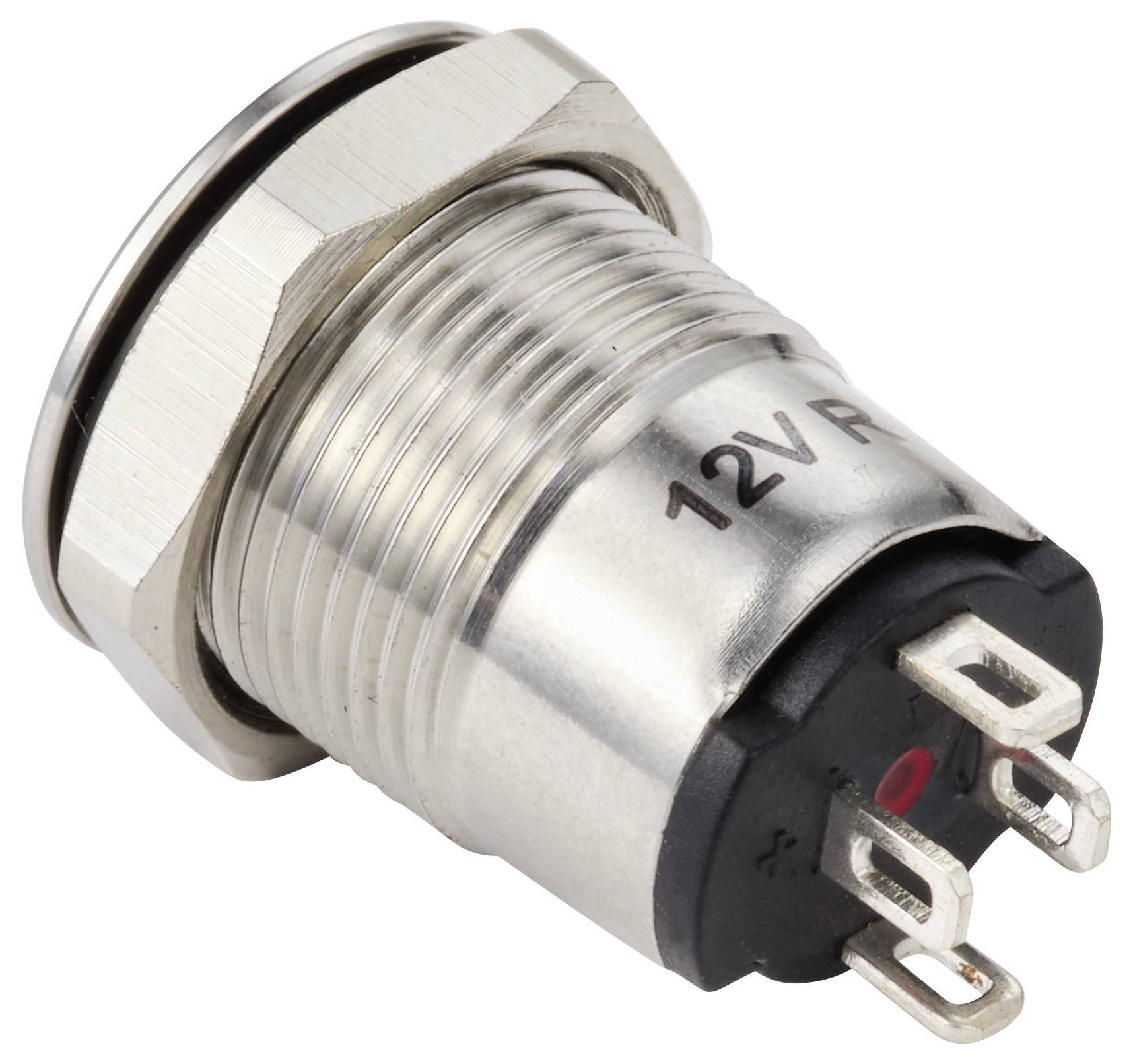 Ein metallischer Druckknopfschalter mit der Bezeichnung „12V