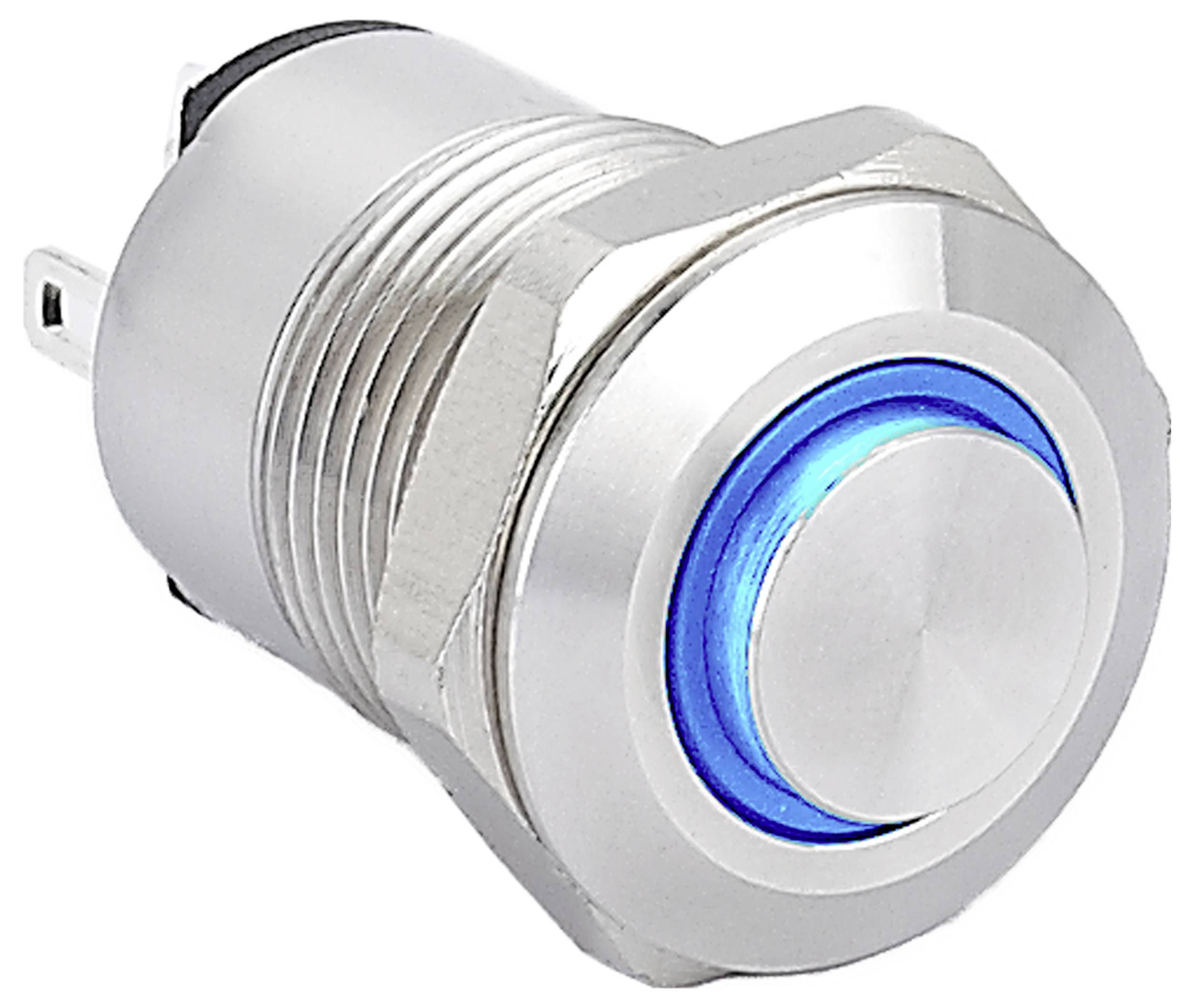 Ein metallischer Druckschalter mit blauem LED-Ring, konzipiert für elektronische Geräte.