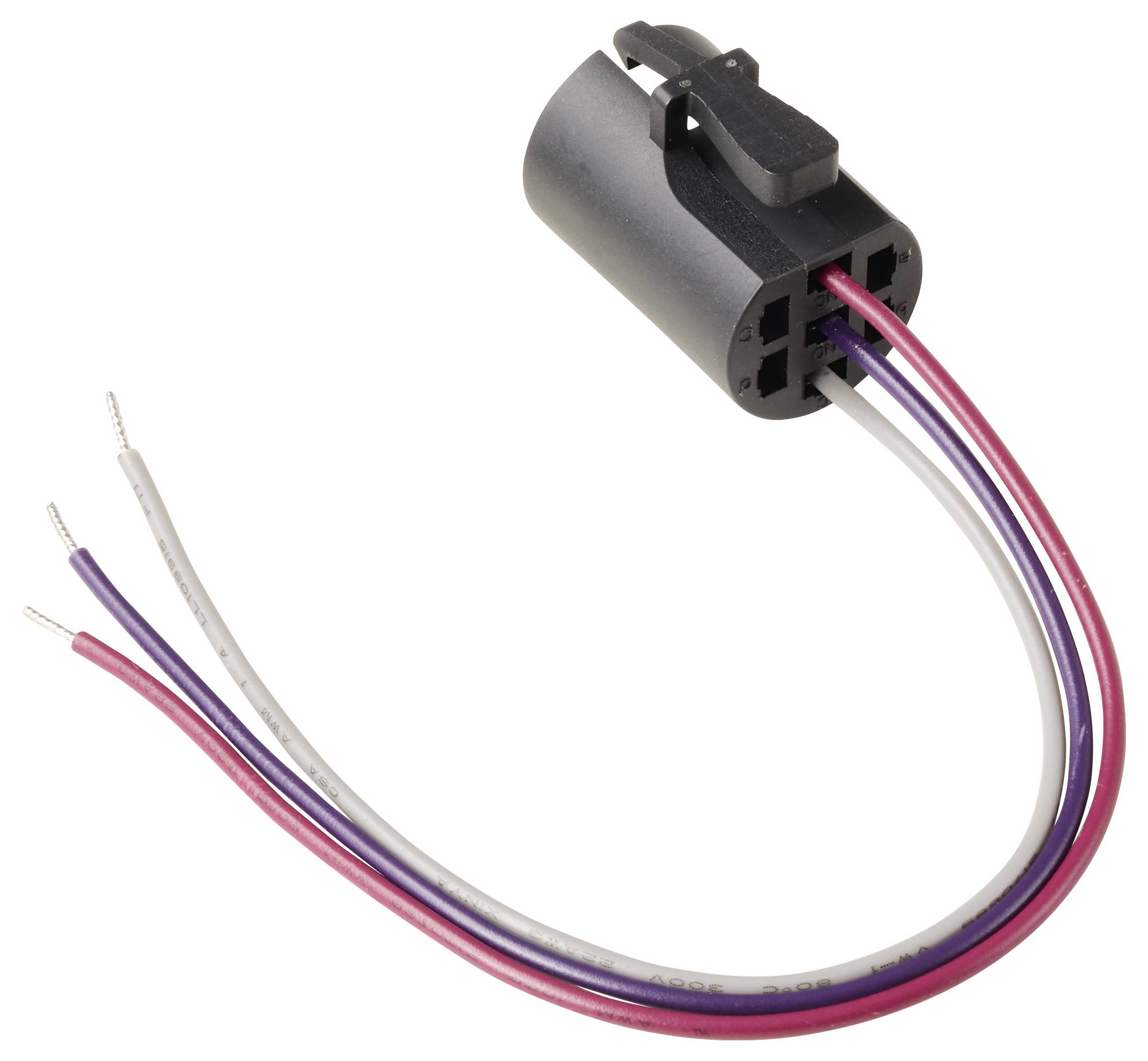 Ein schwarzer elektrischer Stecker mit drei farbigen Drähten: rot, violett und weiß. Die Drähte sind an ihren Enden freigelegt.