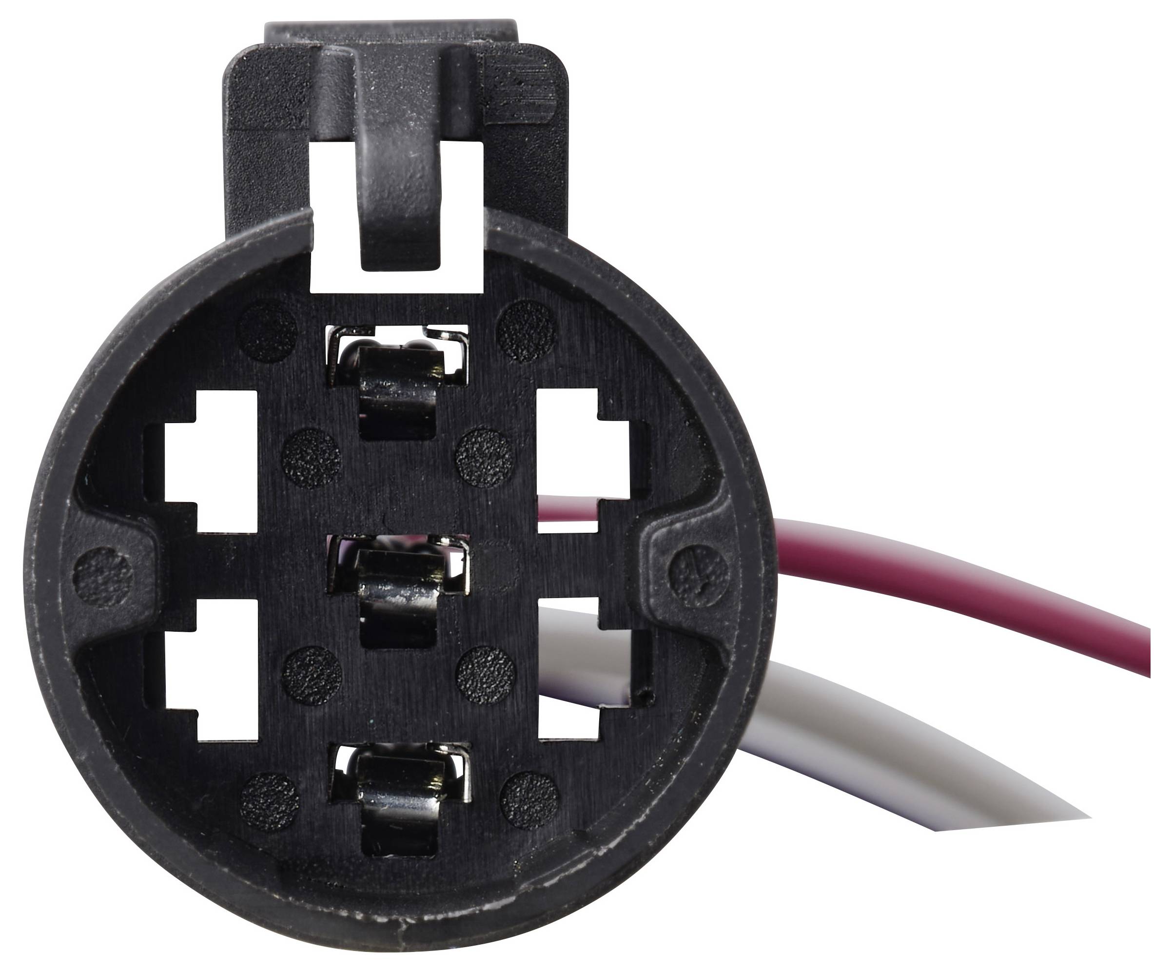 Eine Nahaufnahme eines runden elektrischen Steckers mit drei sichtbaren Metallstiften, umgeben von einem schwarzen Kunststoffgehäuse. Rote, weiße und schwarze Drähte erstrecken sich von der Rückseite.