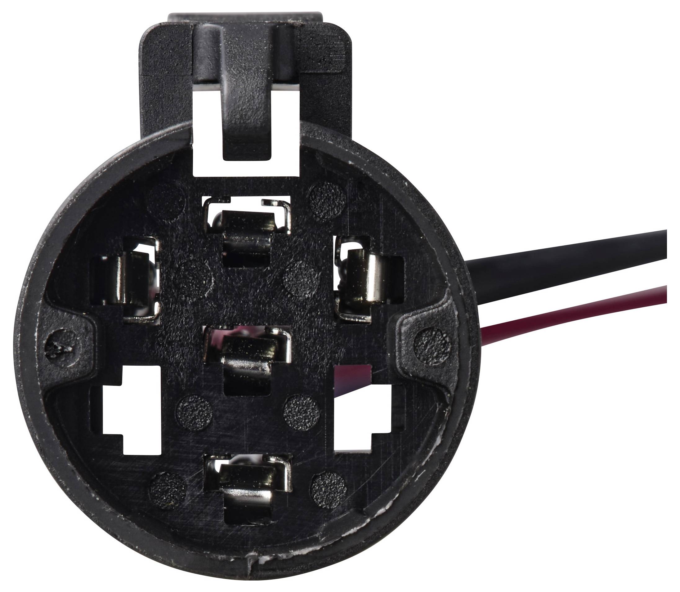 Eine Nahaufnahme eines runden elektrischen Steckers mit sechs Metallstiften und zwei angebrachten Drähten, einem schwarzen und einem roten, die von der Seite heraustreten.