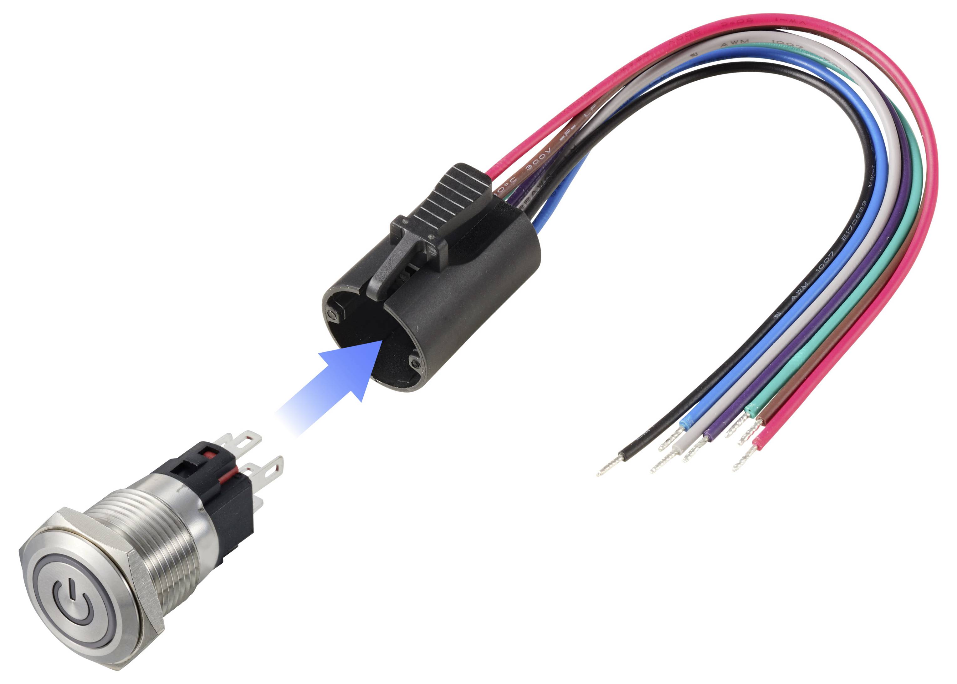 Silberner Netzschalter mit mehrfarbigen Drähten, die mit einem schwarzen Stecker verbunden sind, was auf eine elektronische oder mechanische Baugruppe hindeutet.