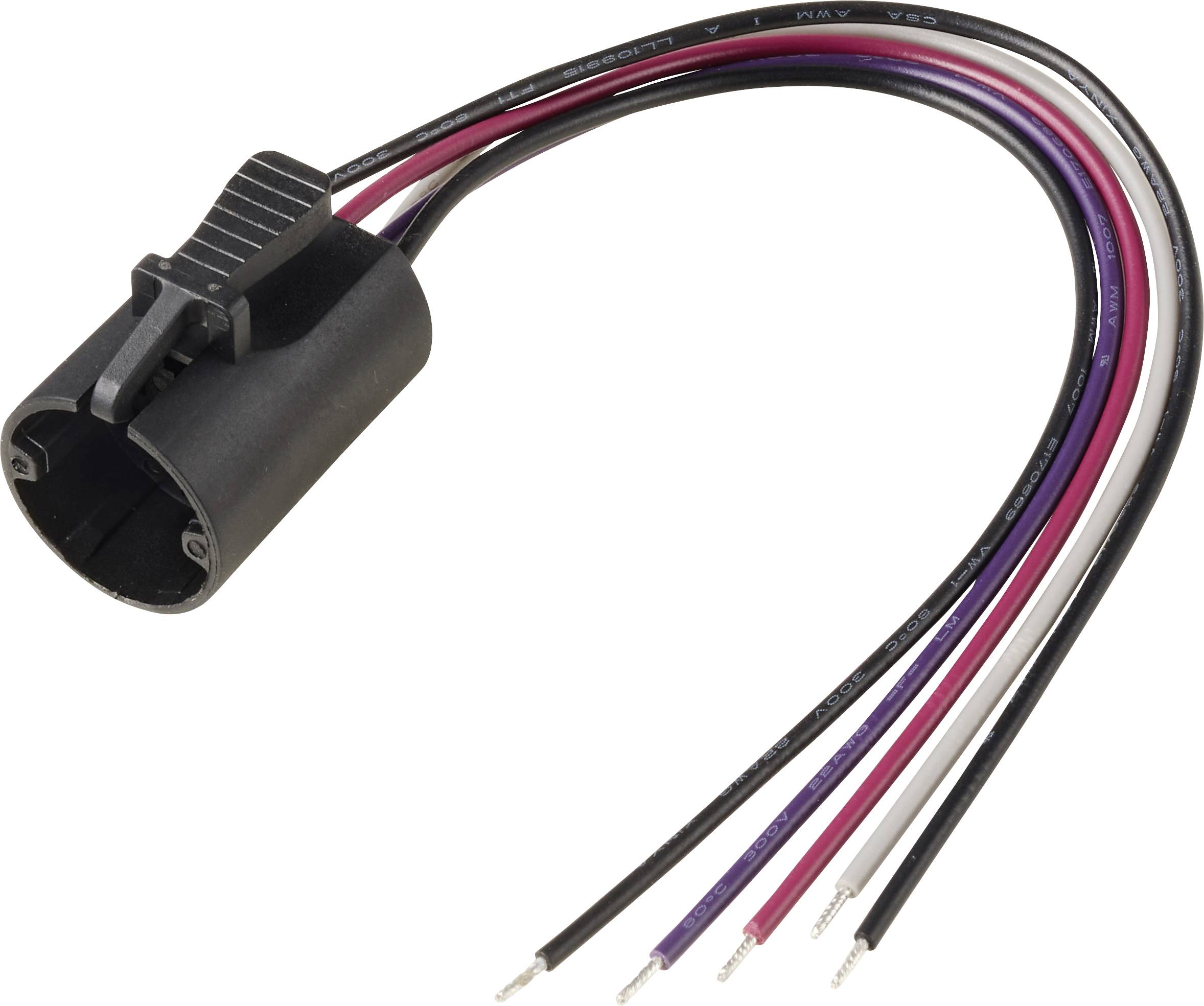 Ein schwarzer Automobilstecker mit fünf angebrachten farbigen Kabeln: schwarz, rot, weiß, violett und rosa, wahrscheinlich für elektrische Verbindungen.