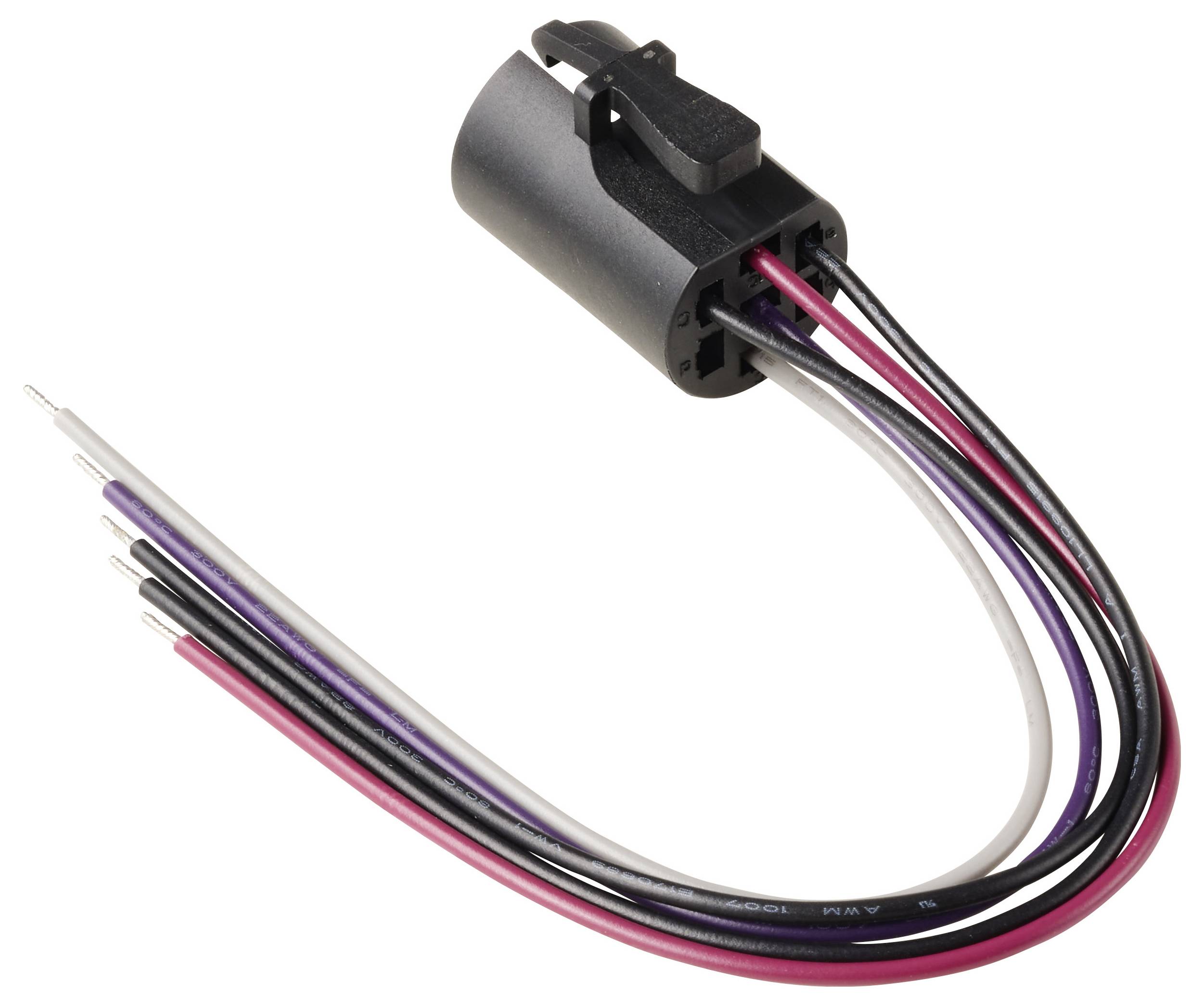 Ein zylindrischer Stecker mit fünf angebrachten Drähten in Schwarz, Violett, Rot, Weiß und Grau, verwendet für elektrische Verbindungen.