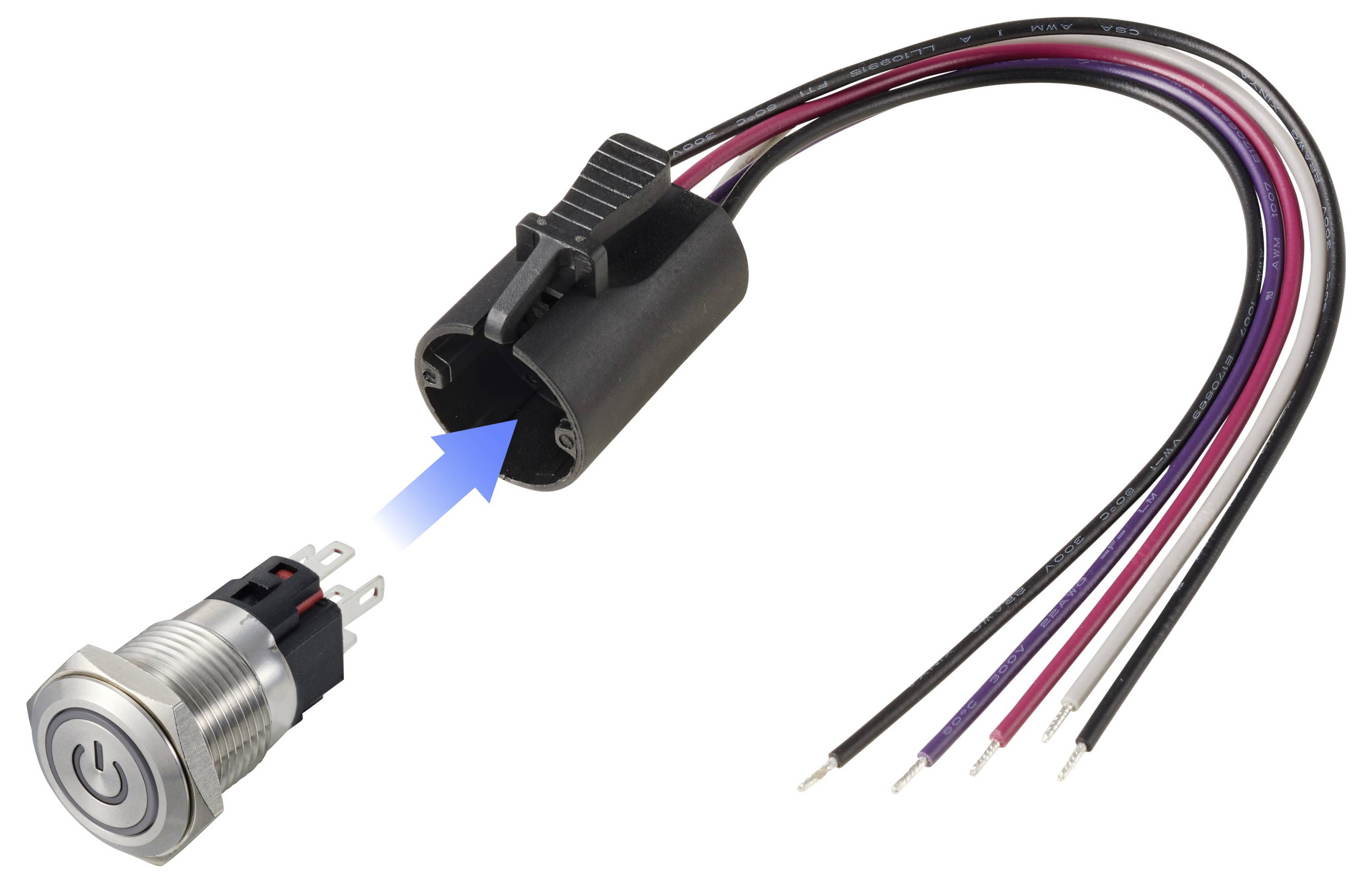 Druckschalter mit Stromsymbol, vier farbigen Drähten und einem Stecker.