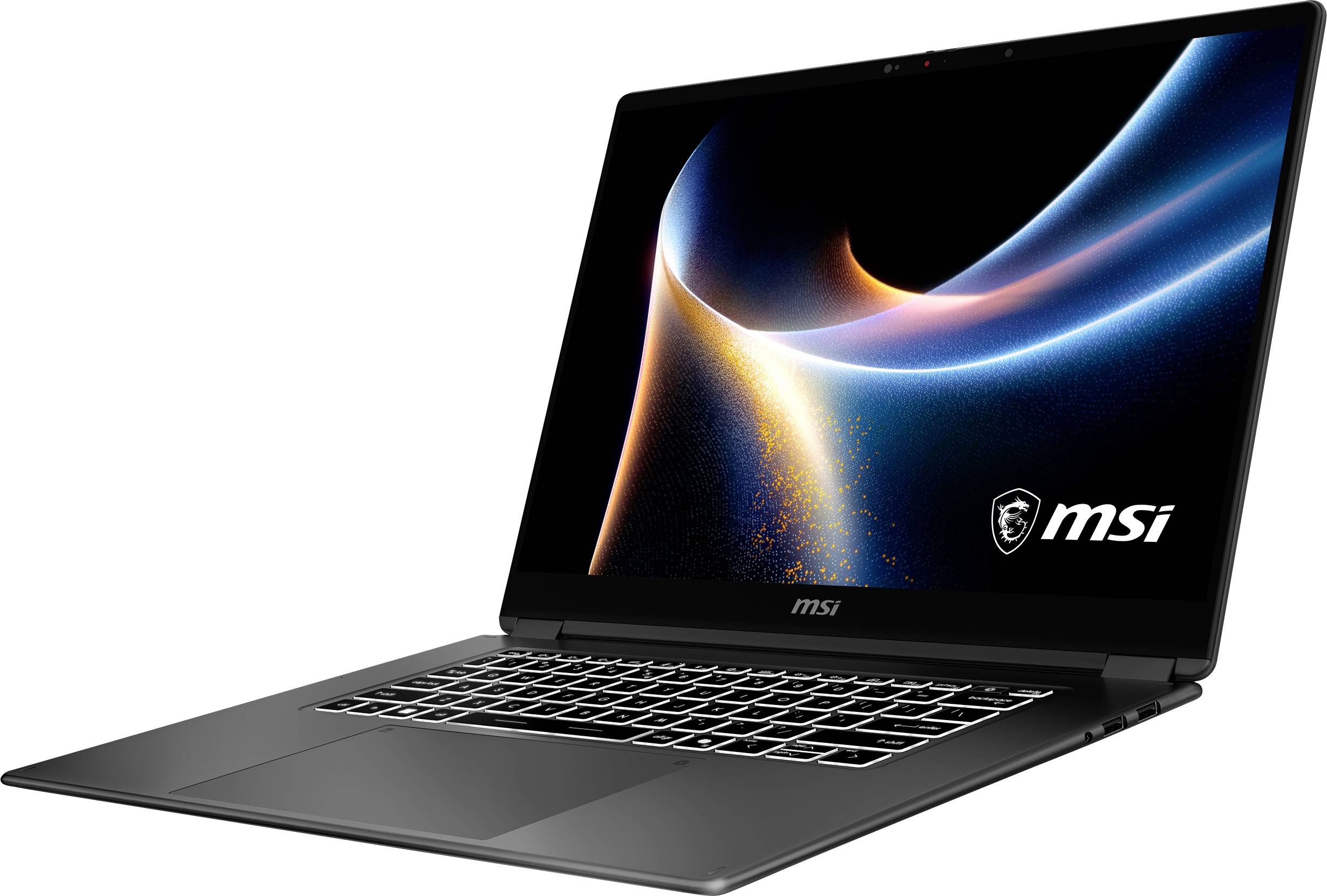 Ein schlankes, offenes MSI-Laptop, das ein dynamisches Wellenmuster auf dem Bildschirm anzeigt, mit dem MSI-Logo, auf einer weißen Oberfläche positioniert.