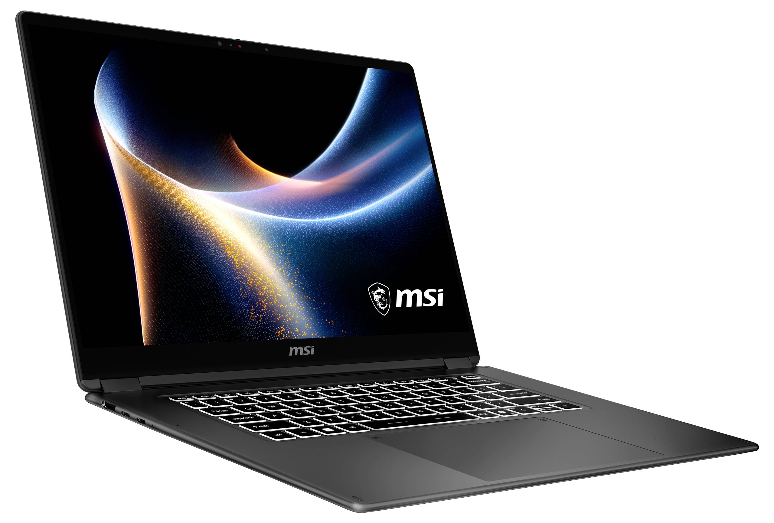 Ein schlanker MSI-Laptop mit leuchtendem abstraktem Design auf dem Bildschirm, ausgestattet mit einer dünnen Tastatur und schwarzem Metallfinish.