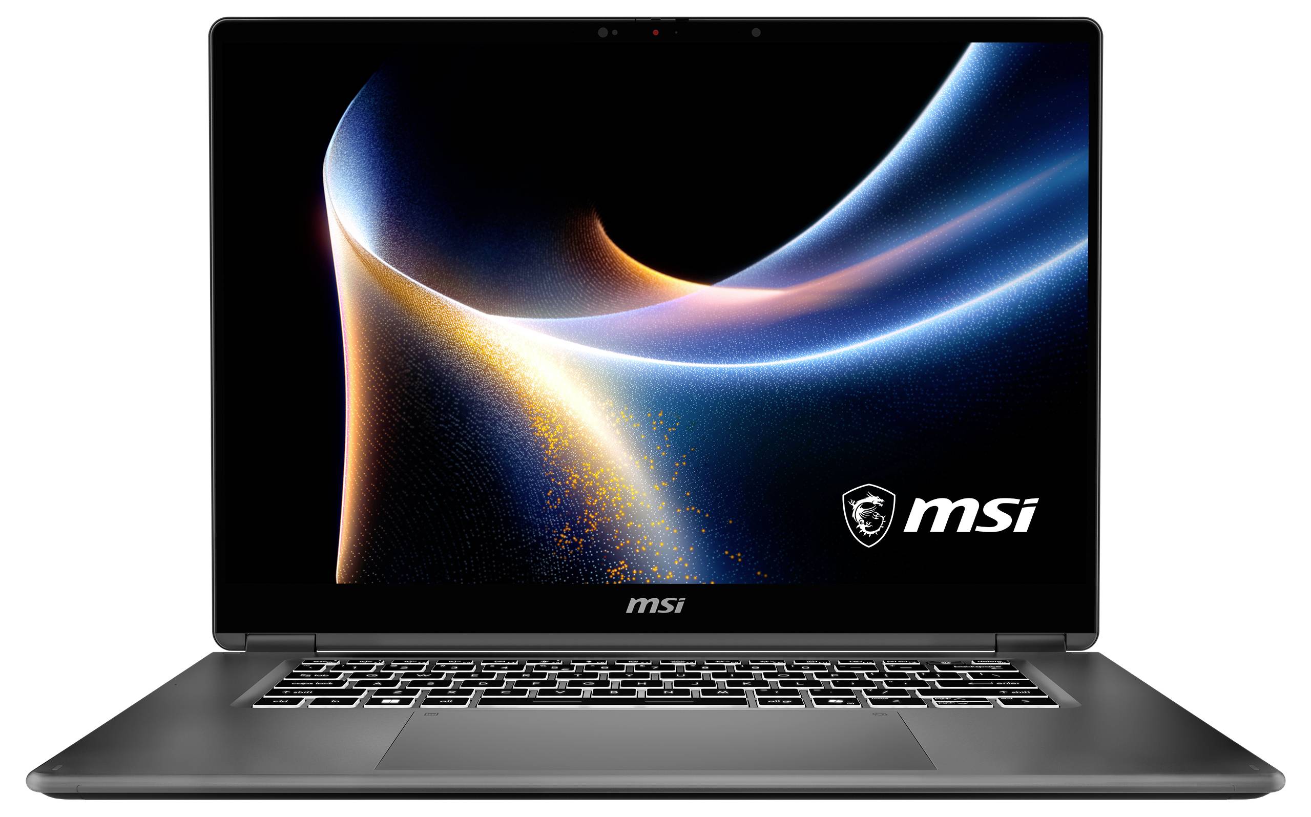 Ein schwarzer MSI-Laptop mit einem leuchtenden abstrakten Wirbelmuster auf dem Bildschirm und dem MSI-Logo in der unteren rechten Ecke des Displays.