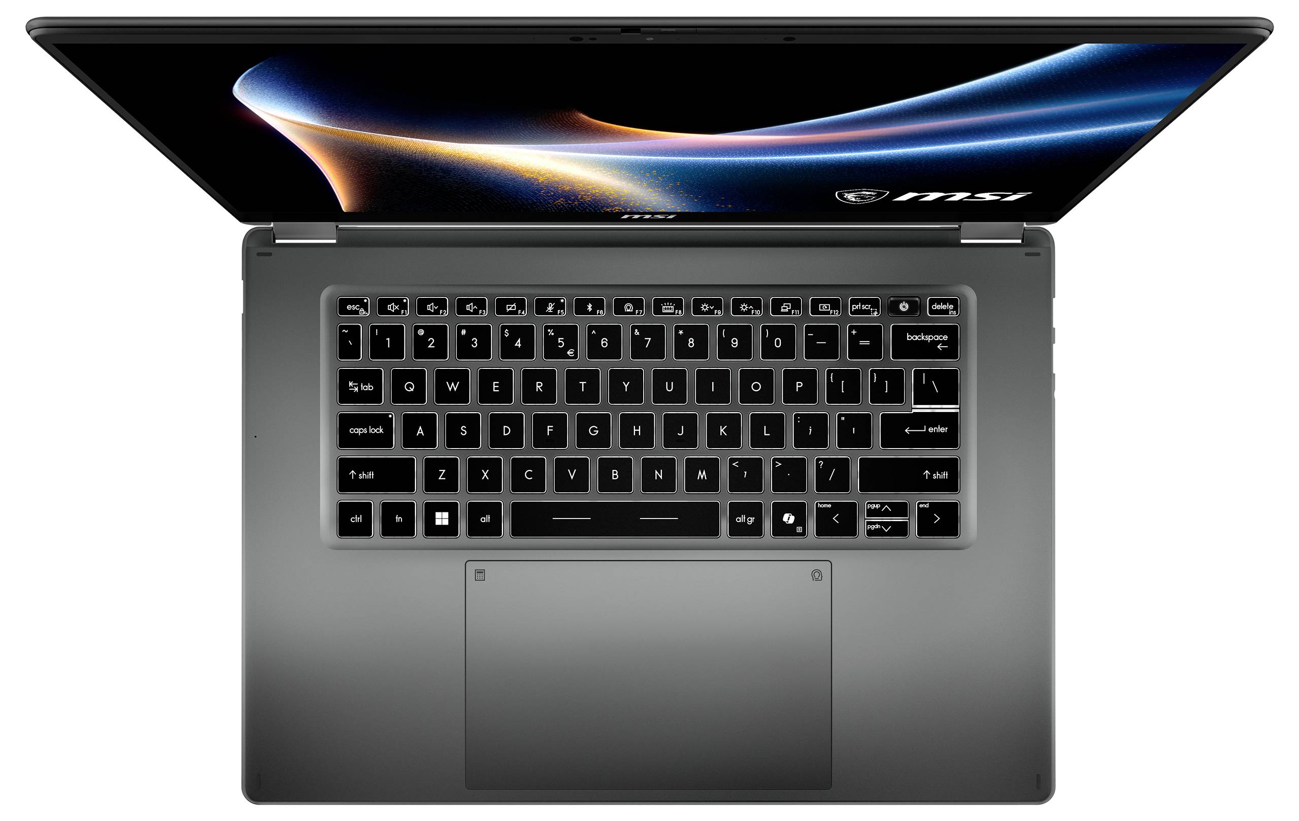 Laptop von oben betrachtet, zeigt die Tastatur und das Touchpad, mit einem farbenfrohen Bildschirm, auf dem abstrakte Grafiken angezeigt werden.