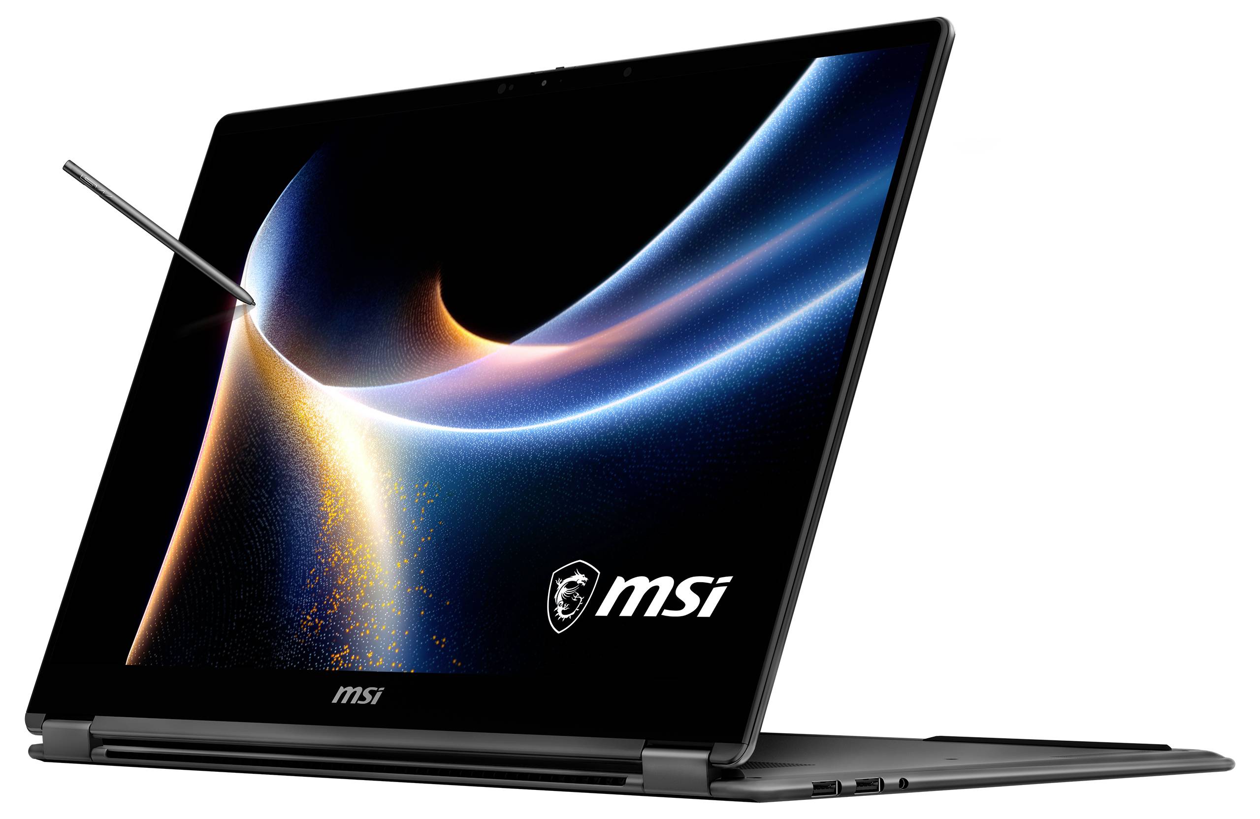 Ein schlanker silberner Laptop mit einem Stift, der den Bildschirm berührt, zeigt dynamische Lichtwellen an. Das Logo liest sich „msi