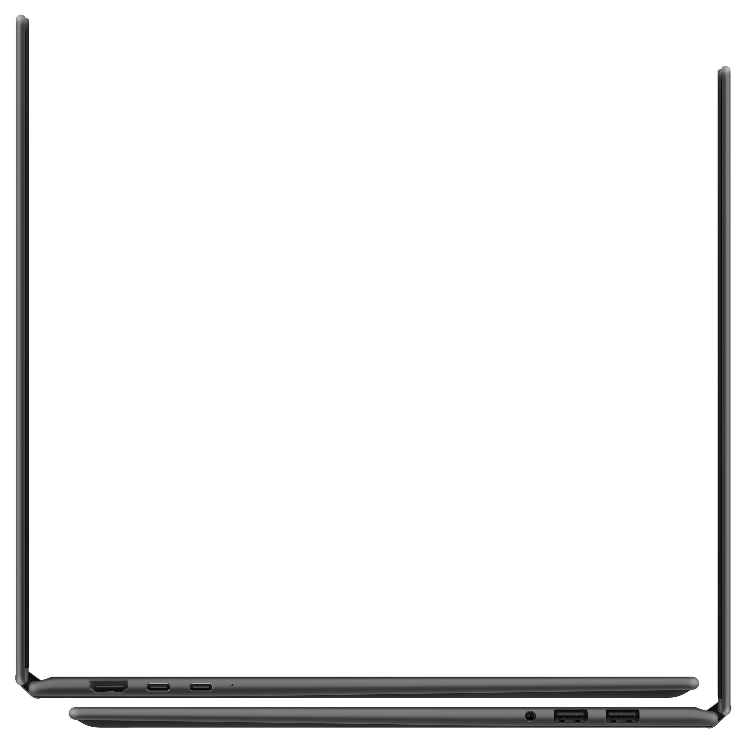 Ein schlankes, offenes Laptop wird von der Seite gezeigt und hebt sein dünnes Profil und minimalistisches Design hervor.