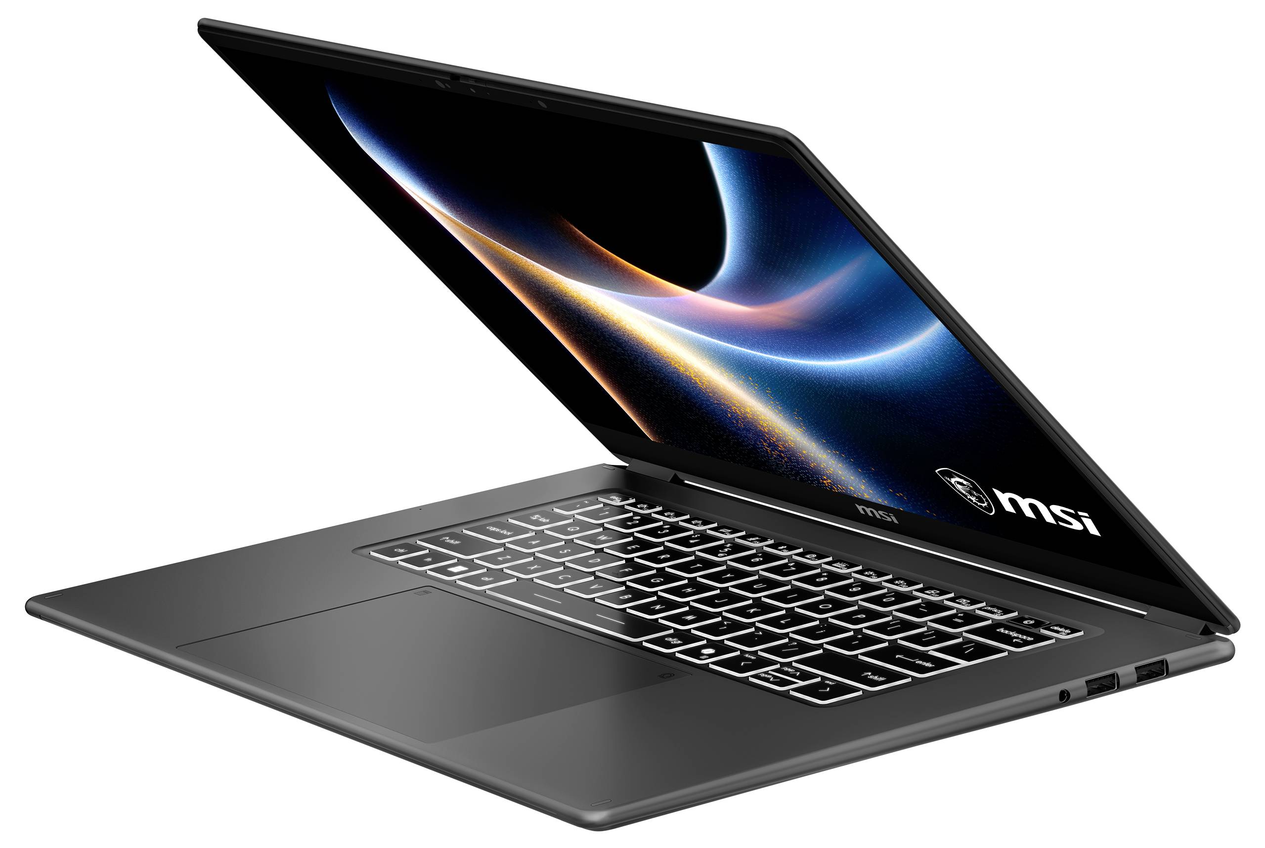 Ein eleganter MSI-Laptop mit teilweise geöffnetem Deckel zeigt einen lebendigen Bildschirm, eine hintergrundbeleuchtete Tastatur und Anschlüsse an der Seite.