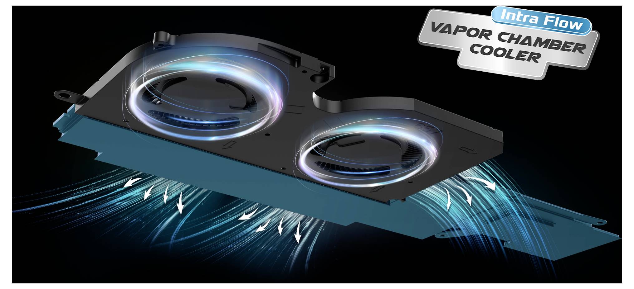 Eine Grafik eines Dual-Fan-Dampfkammer-Kühlers mit blauen Luftstromlinien und beschriftet als „IntraFlow Vapor Chamber Cooler